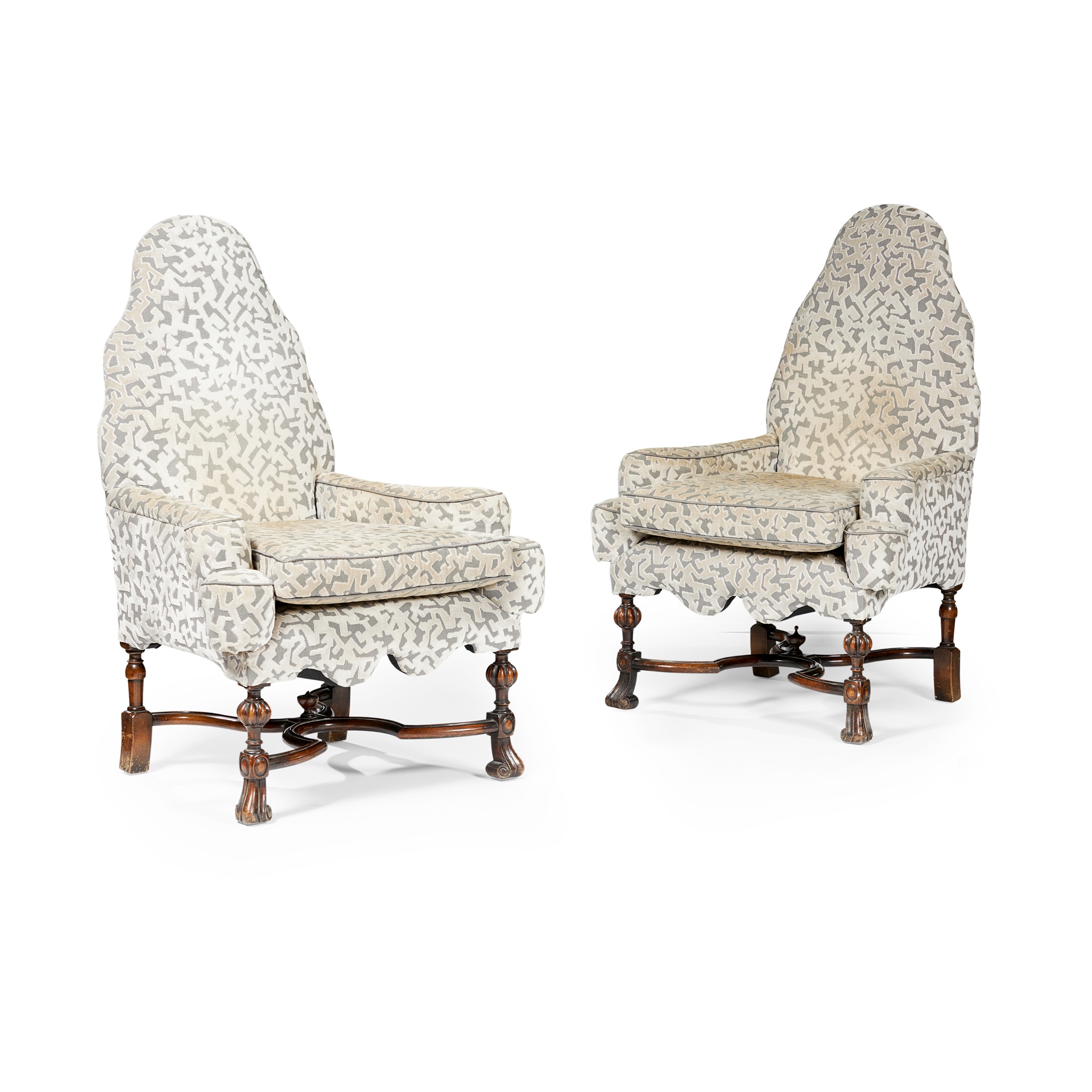 PAIR OF WILLIAM AND MARY STYLE UPHOLSTERED WALNUT ARMCHAIRS