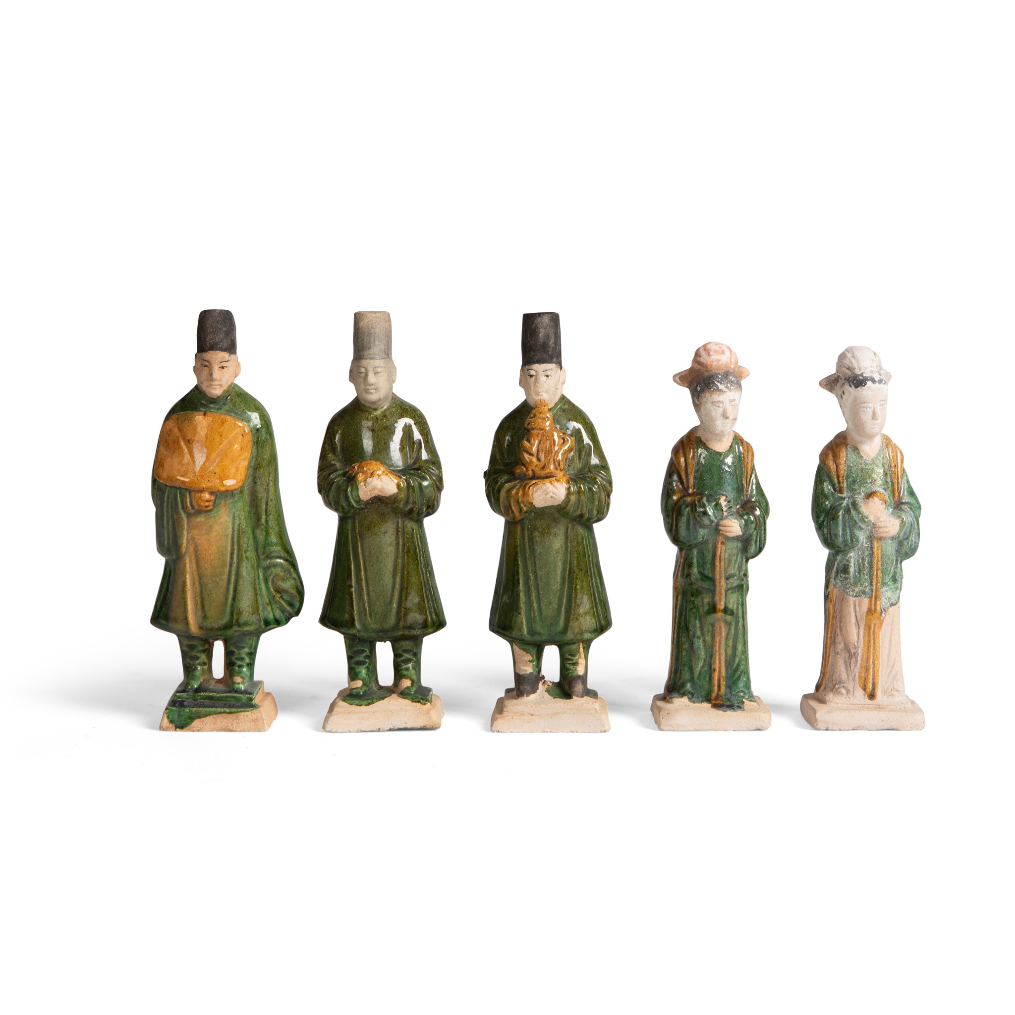 GROUP OF FIVE SANCAI GLAZED POTTERY FIGURES