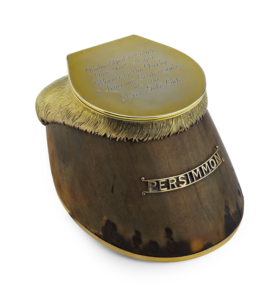 Equestrian interest, PERSIMMON - a fine silver gilt mounted horse hoof inkwell