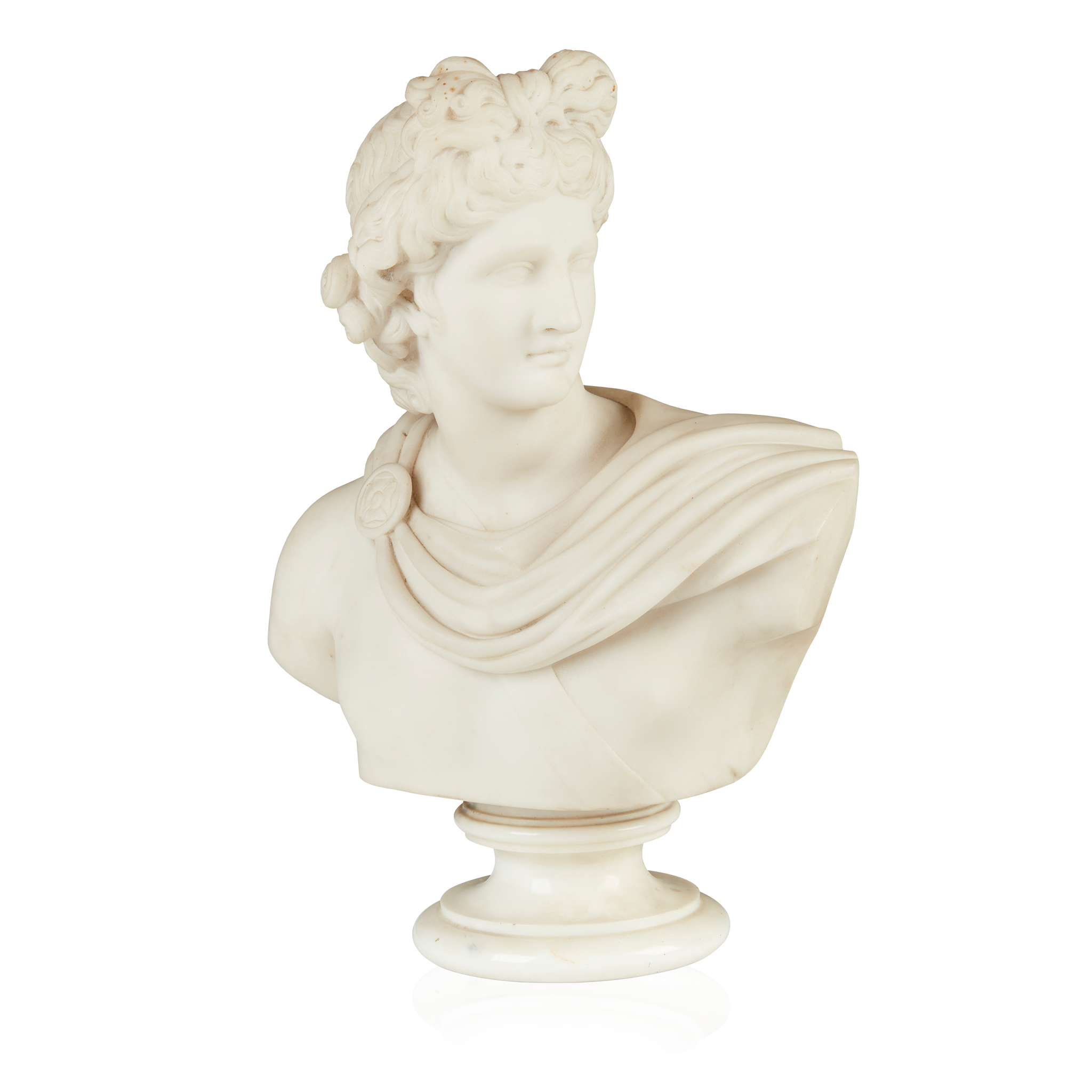 AN ITALIAN WHITE MARBLE BUST OF THE APOLLO BELVEDERE, AFTER THE ANTIQUE