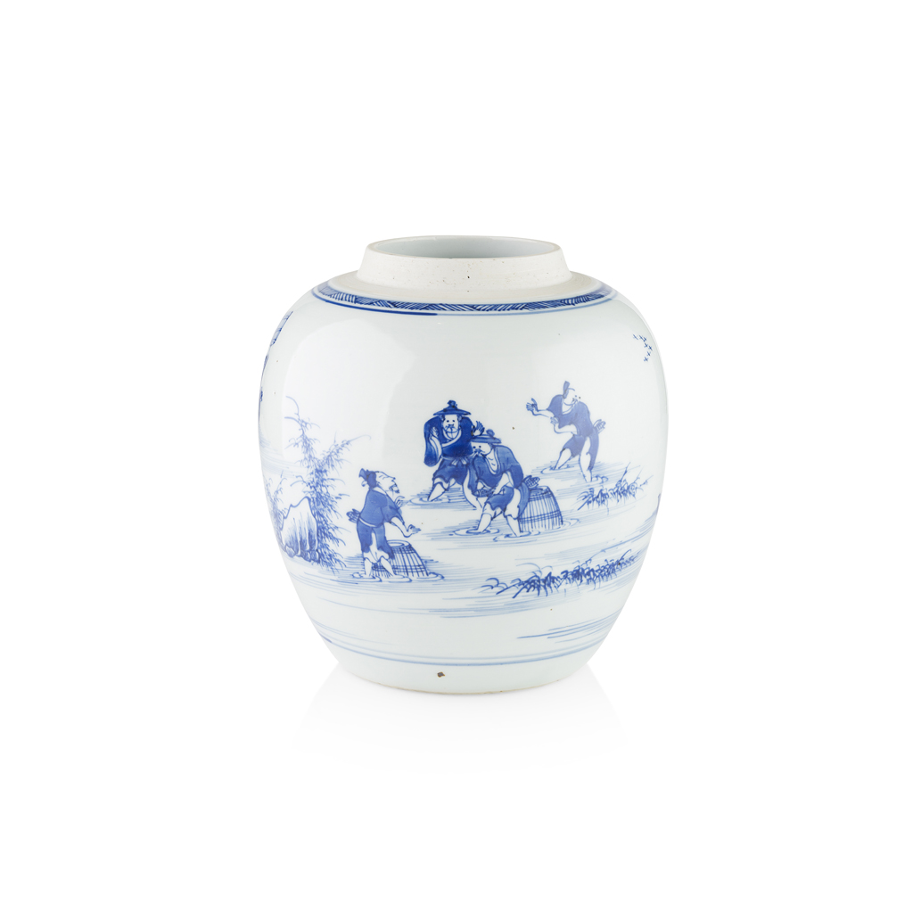 BLUE AND WHITE 'FISHERMEN' GINGER JAR