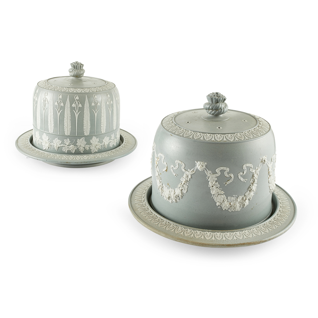 TWO SAGE GREEN JASPERWARE CHEESE DOMES