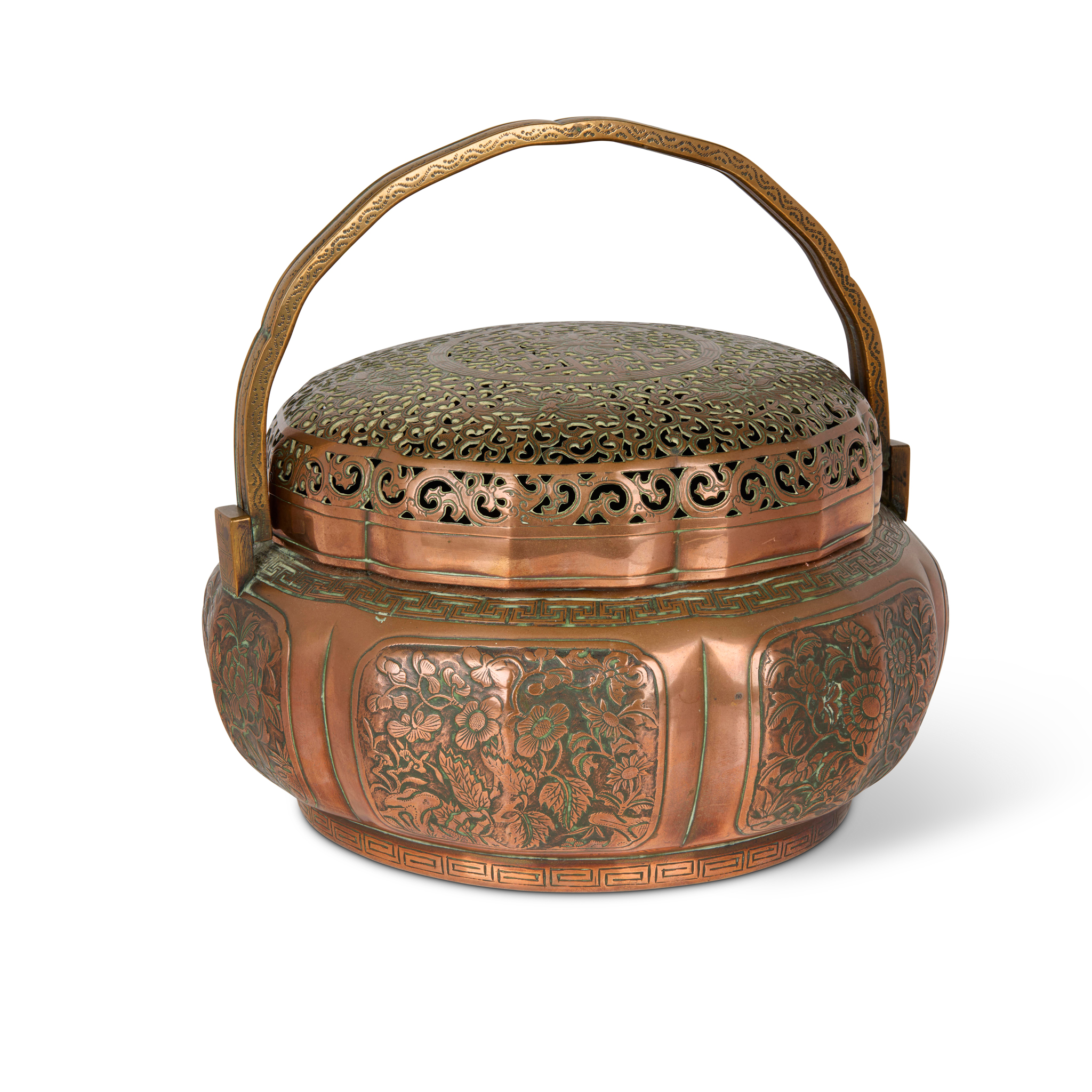 CHINESE HEXAGONAL BRONZE HAND WARMER WITH COVER