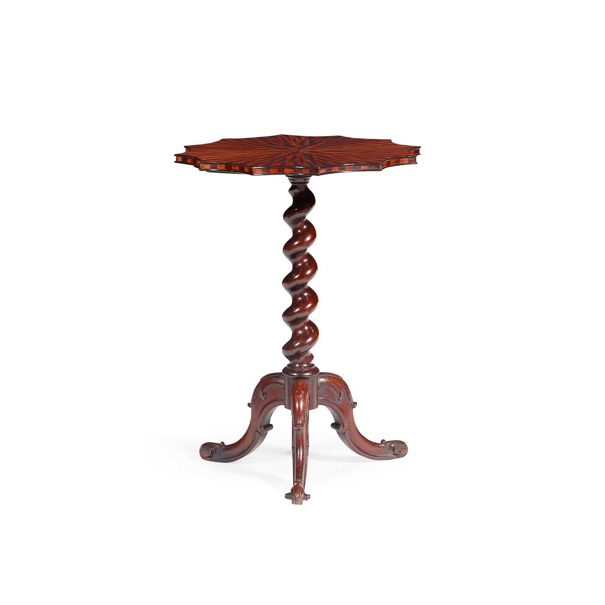 EARLY VICTORIAN MAHOGANY, FRUITWOOD, AND EBONISED MARQUETRY TRIPOD TABLE