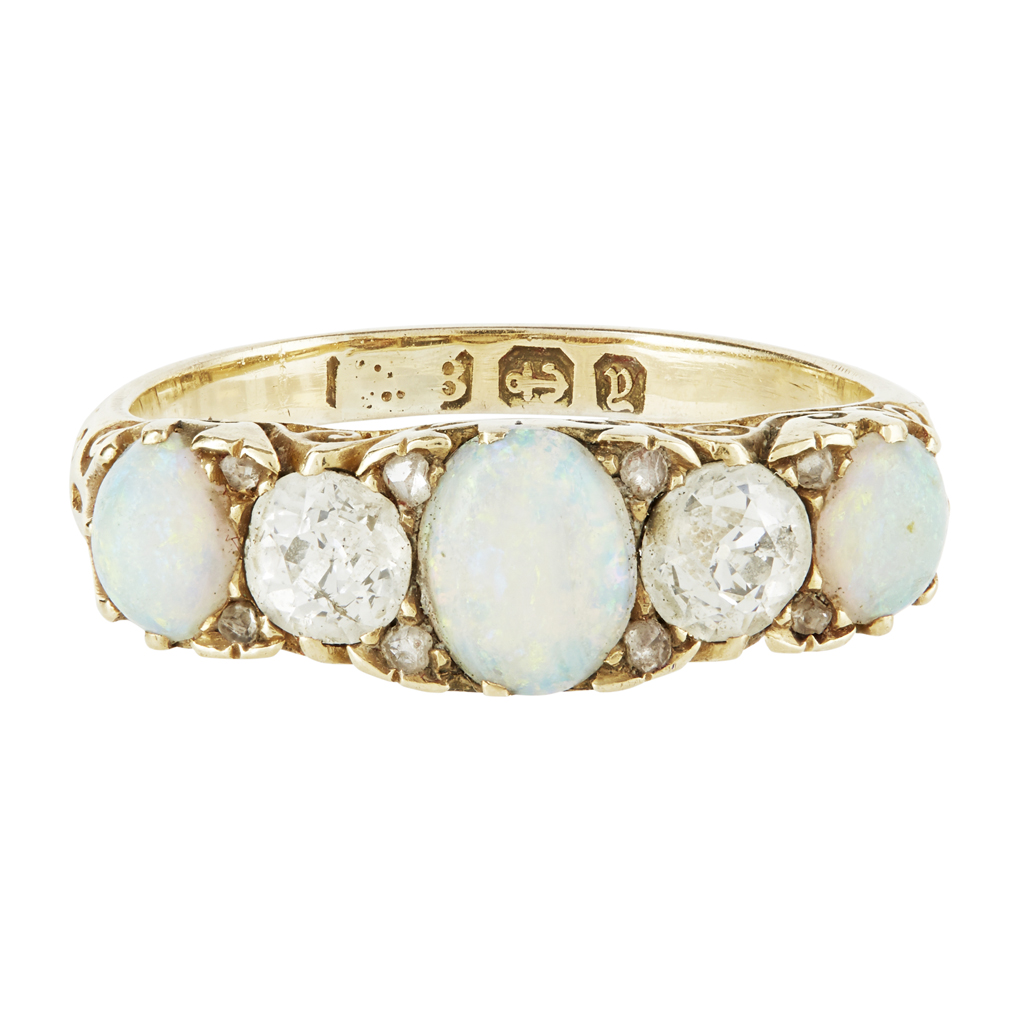A five stone opal and diamond set ring