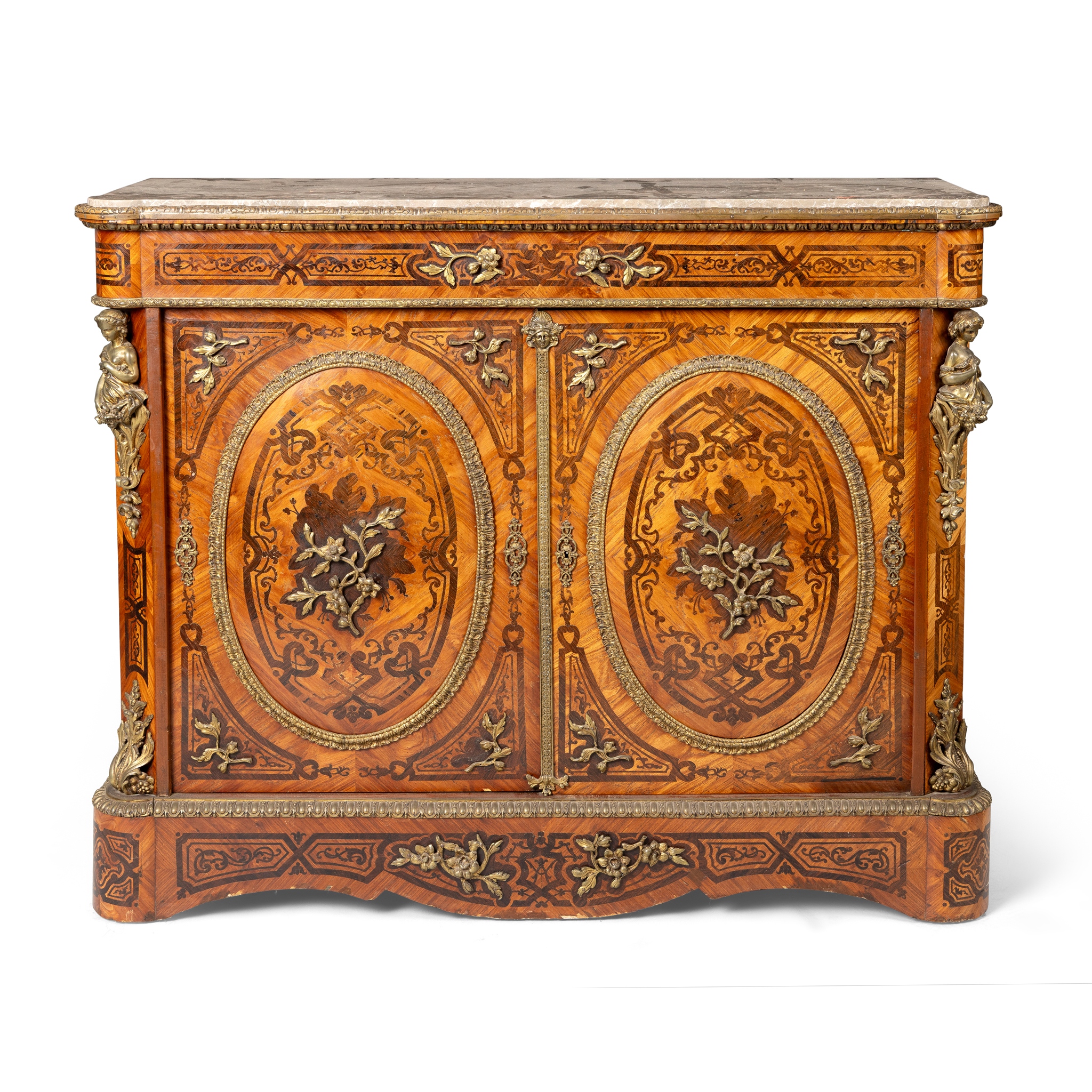 A FRENCH KINGWOOD AND MARQUETRY INLAID SIDE CABINET
