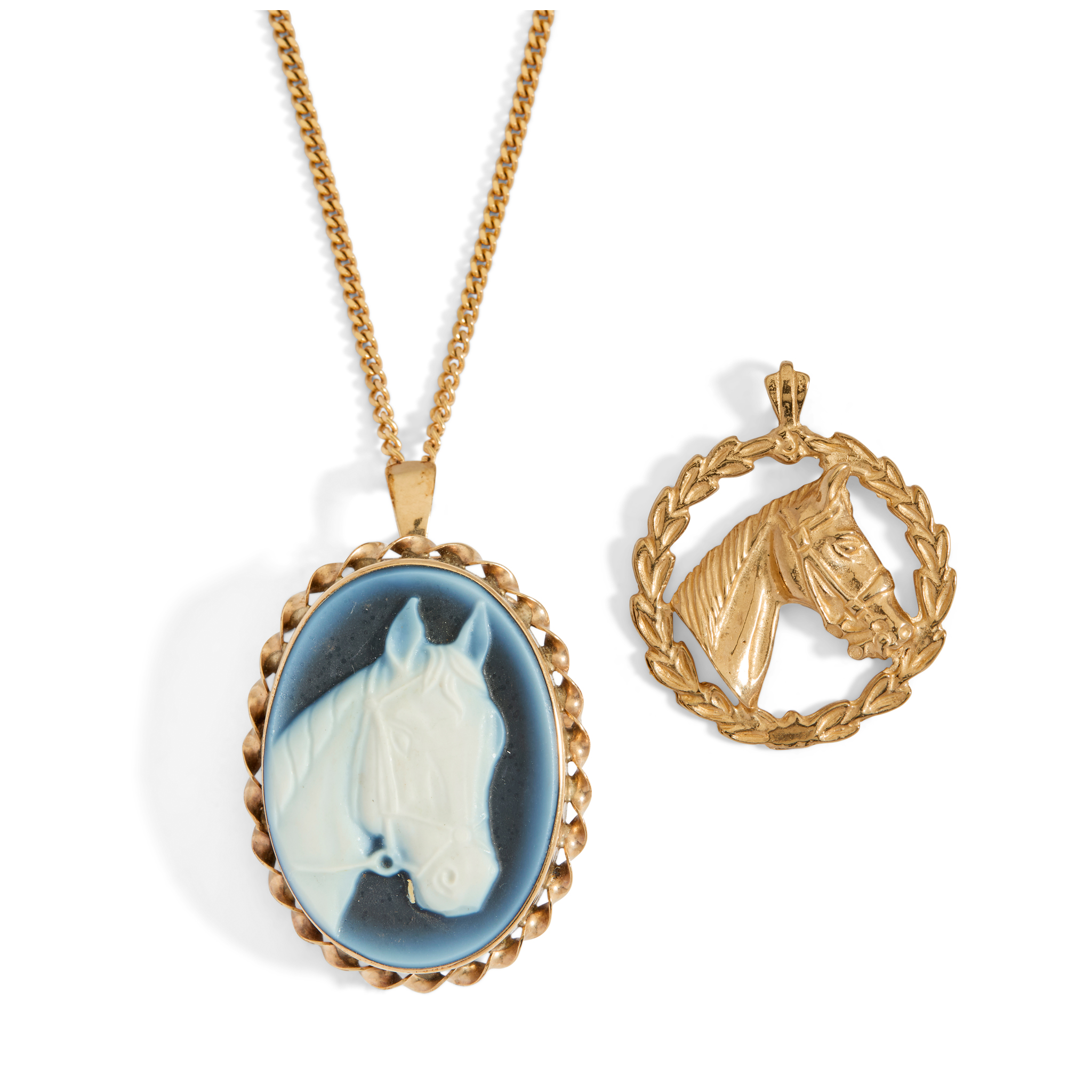 A 9ct gold black agate cameo horse pendant/brooch and another