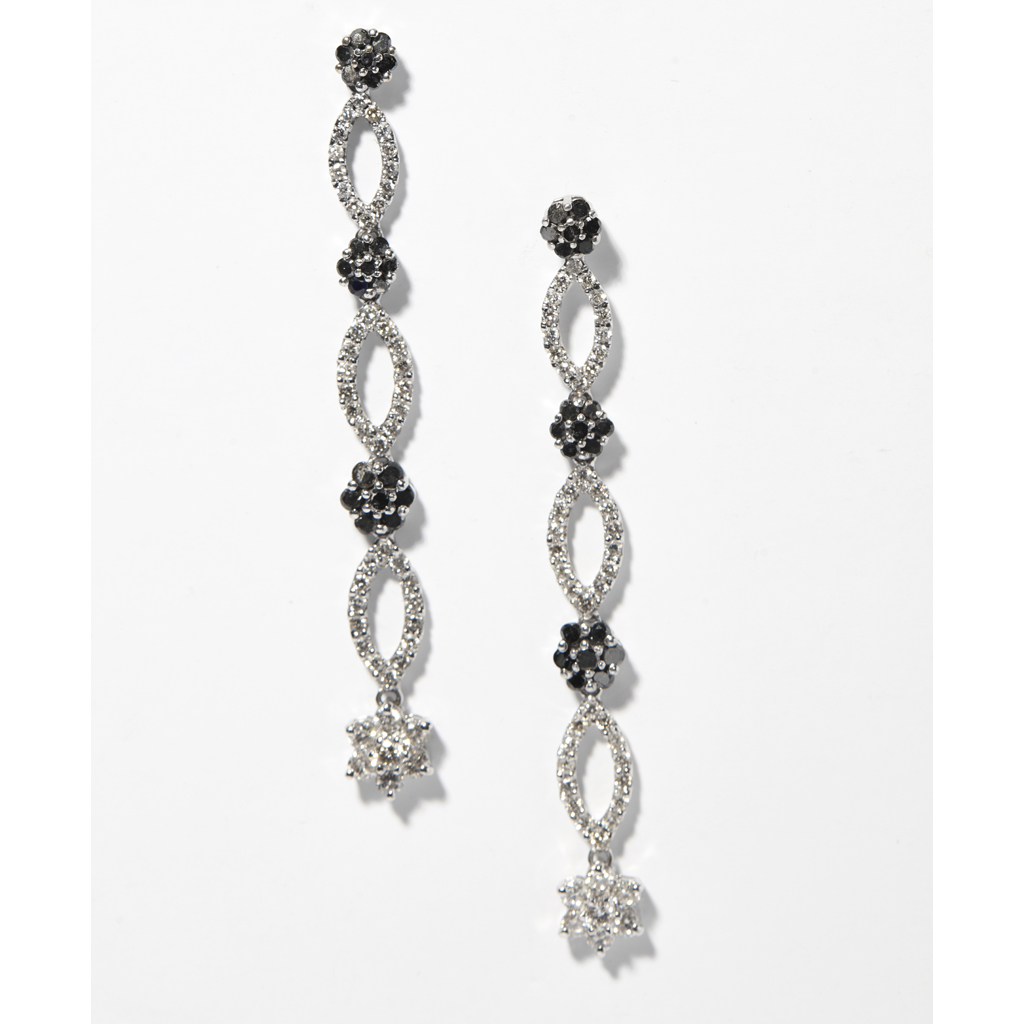 A pair of colourless and black diamond set earrings