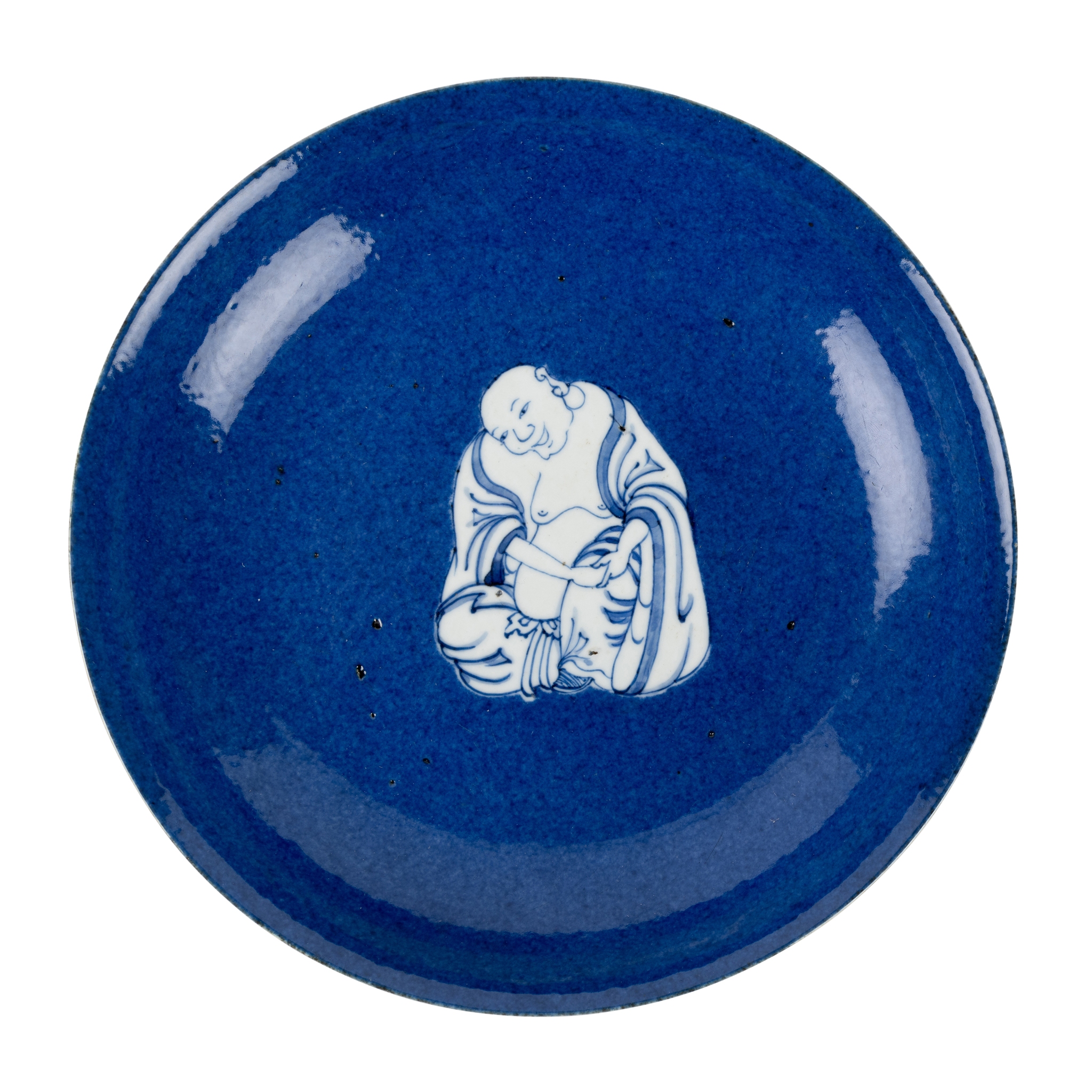 CHINESE POWDER-BLUE-GROUND BLUE AND WHITE 'BUDAI' PLATE