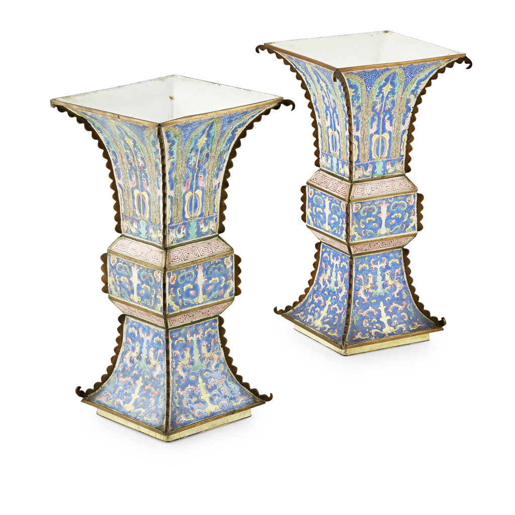 PAIR OF CANTON ENAMEL VASES, FANG GU