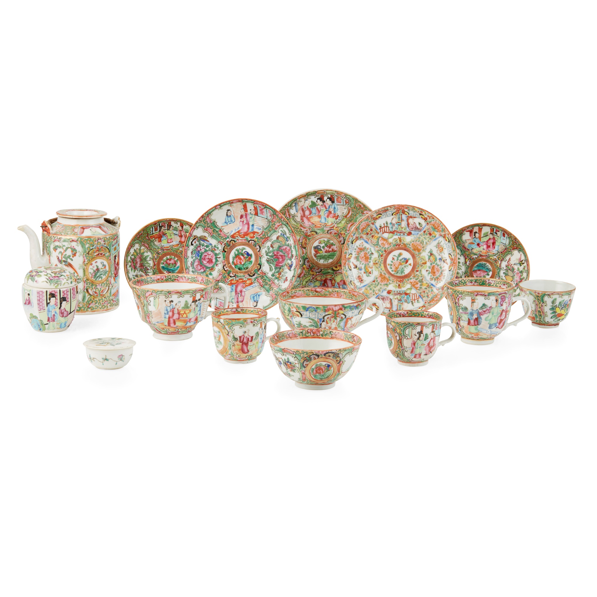 COLLECTION OF CANTON FAMILLE ROSE TEA SETS AND BOXES