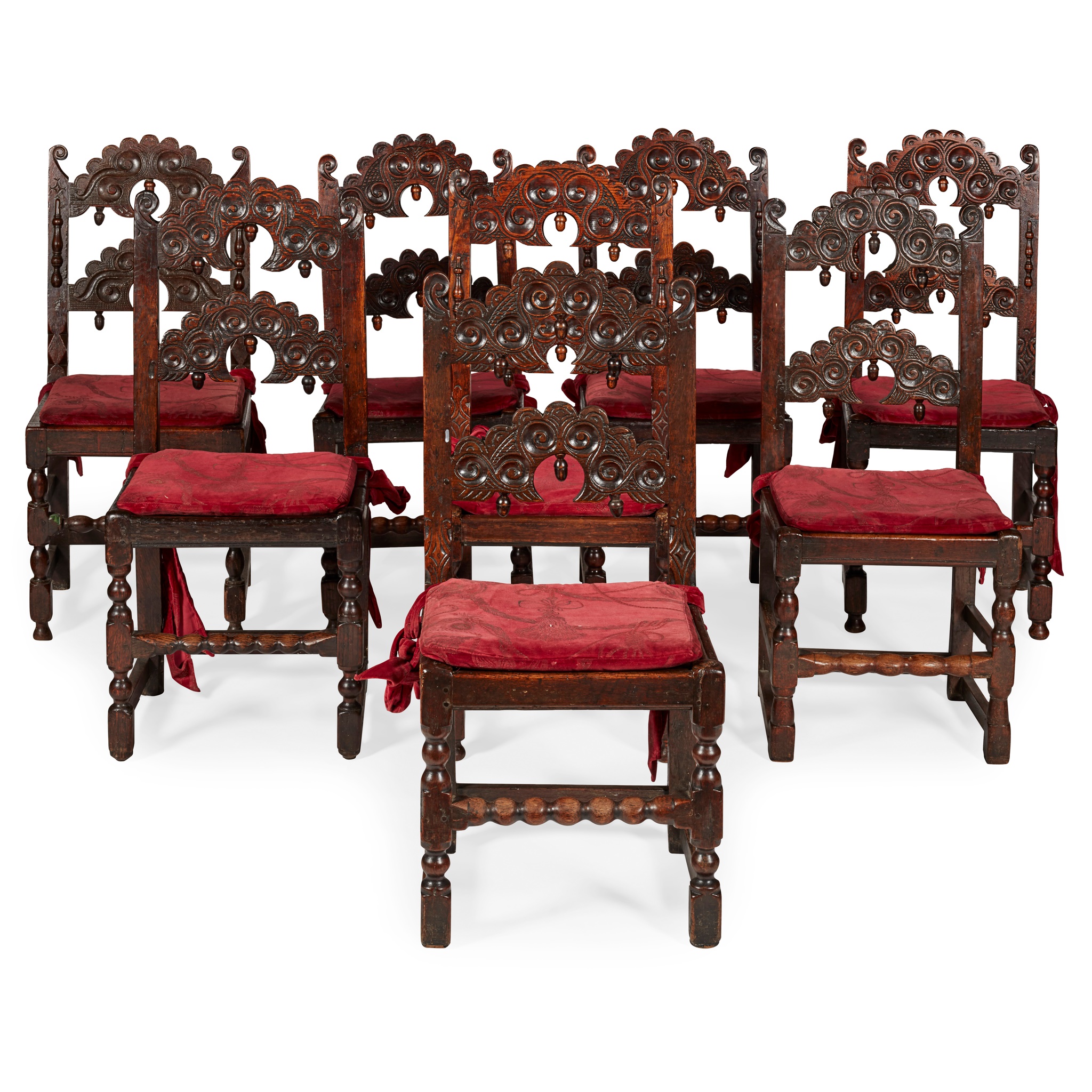 MATCHED SET OF EIGHT 17TH CENTURY STYLE CARVED OAK DINING CHAIRS, PROBABLY YORKSHIRE