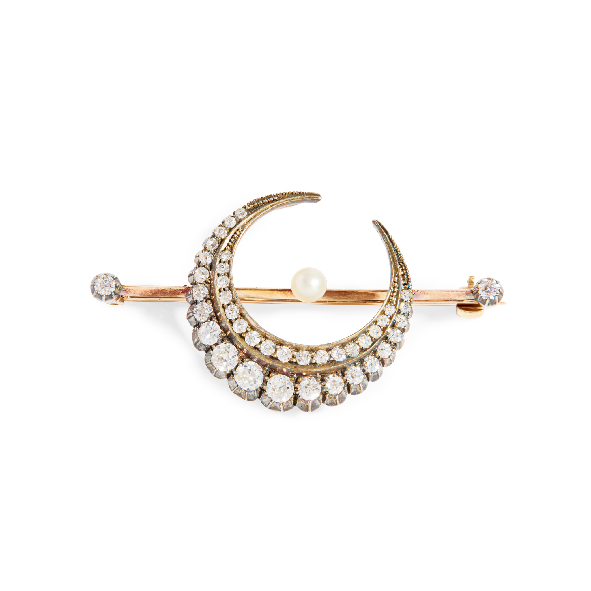 A late 19th century diamond and pearl crescent bar brooch