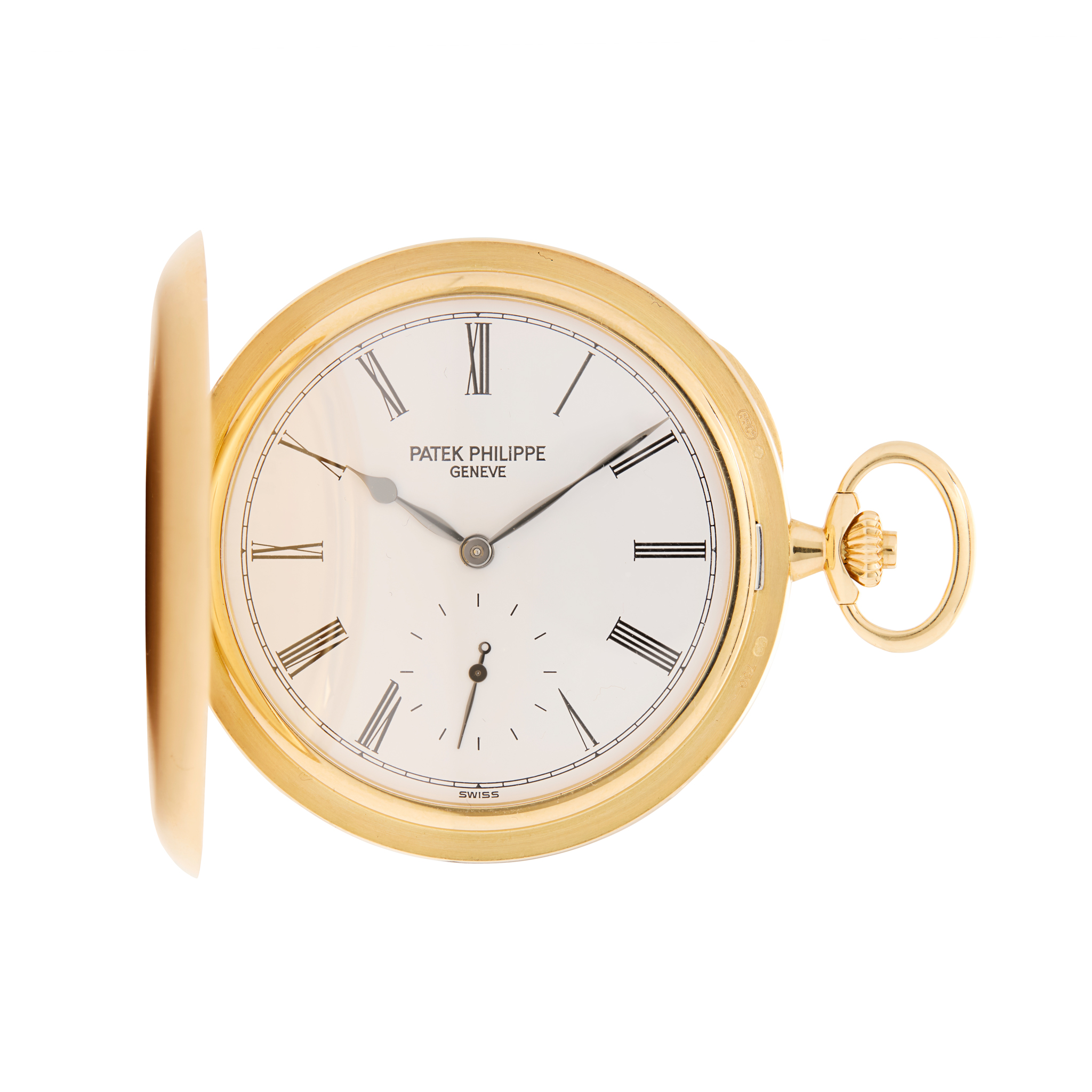 Patek Philippe. A fine and rare 18k gold hunting cased keyless pocket watch with matching chain