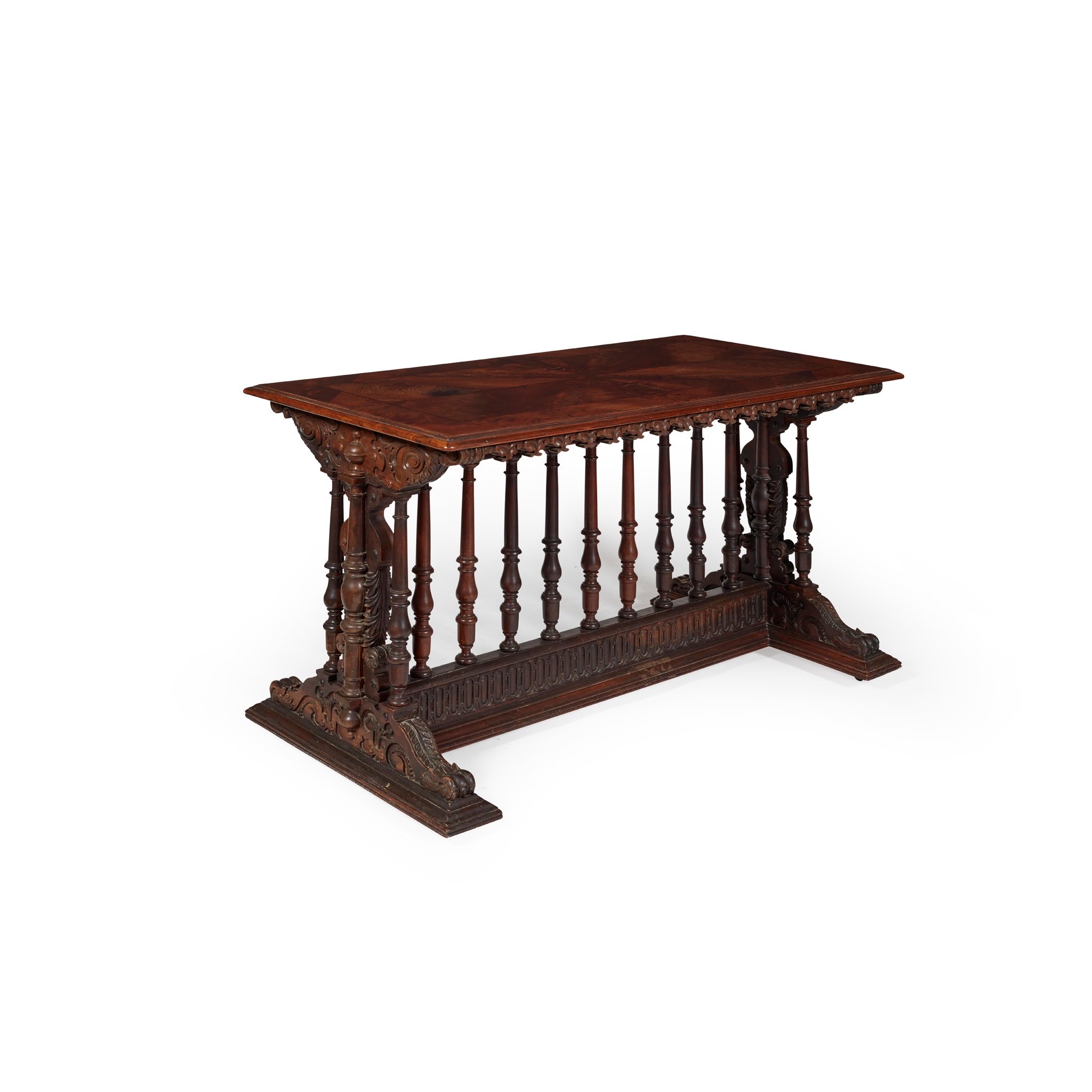 LATE GOTHIC STYLE MAHOGANY AND MARQUETRY LIBRARY TABLE