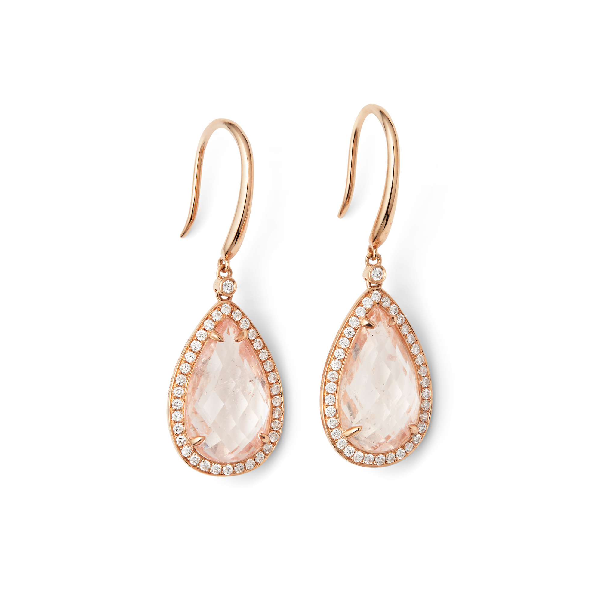 A pair of morganite and diamond pendent earrings