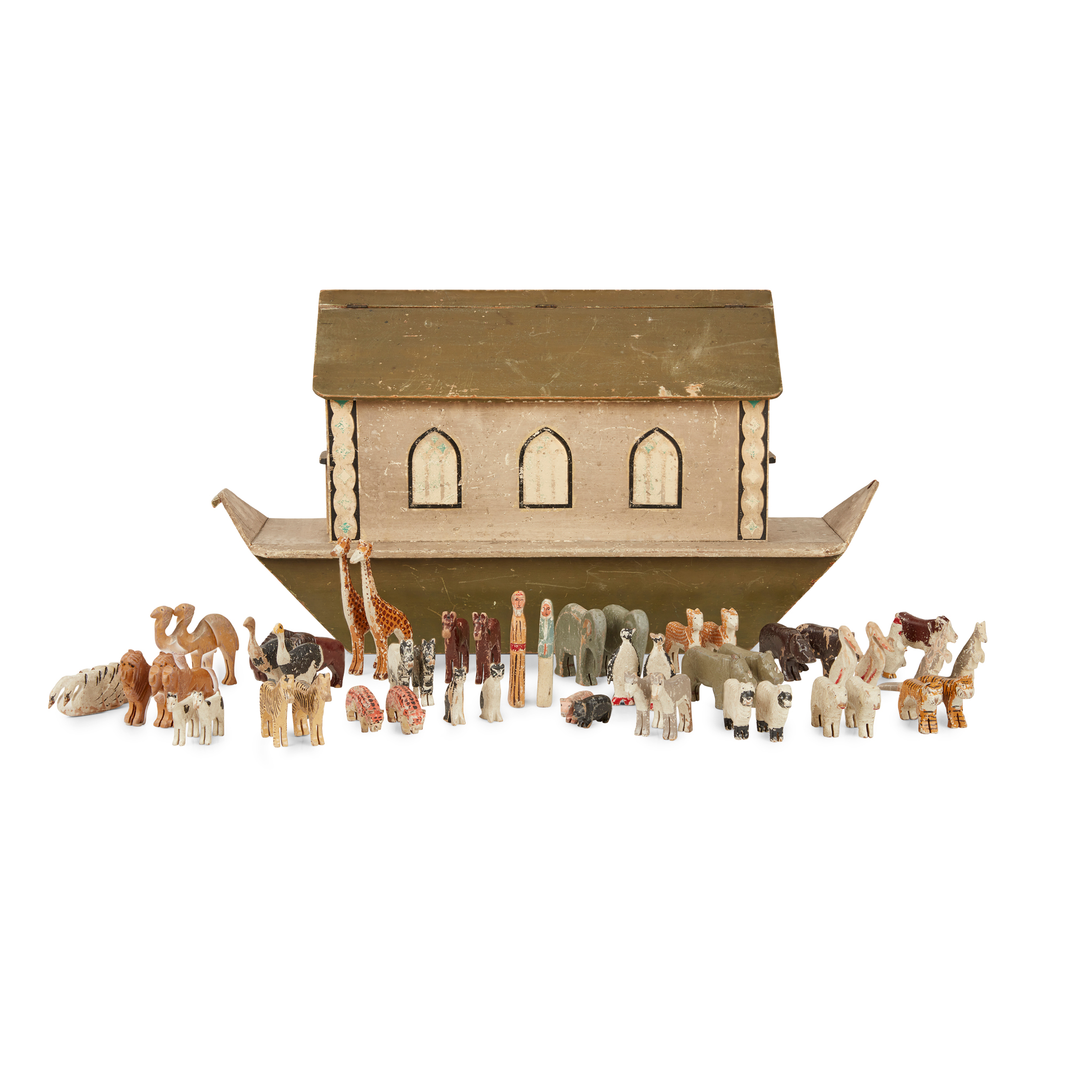 GERMAN ERZGEBIRGE PAINTED WOOD NOAH'S ARK WITH ANIMALS