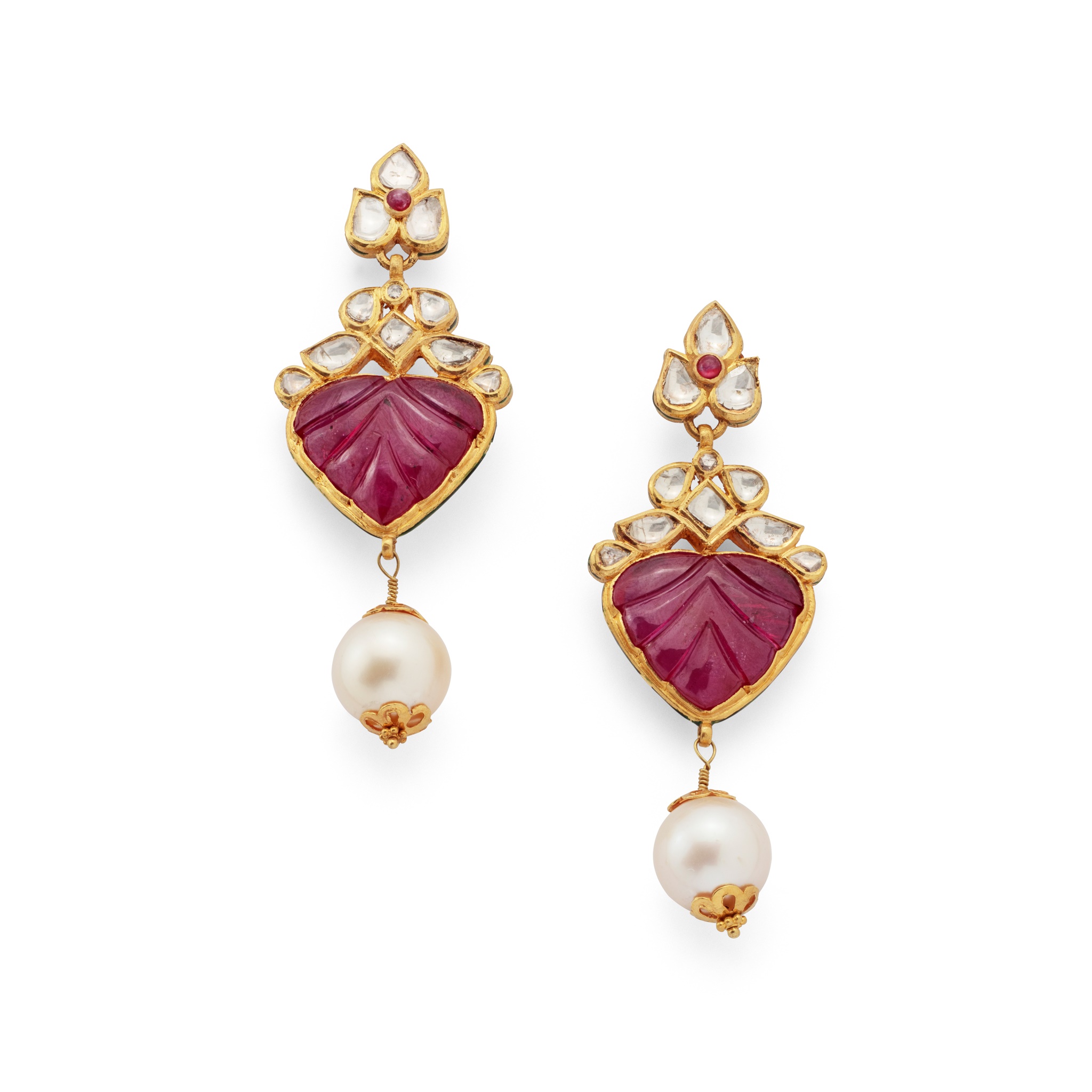 A pair of Indian carved ruby, diamond and cultured pearl earrings