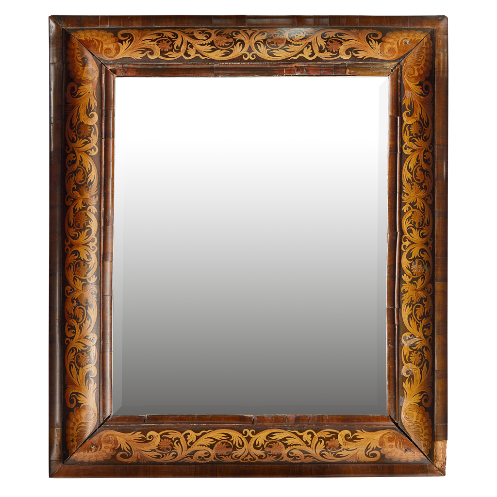 WILLIAM AND MARY WALNUT AND MARQUETRY MIRROR