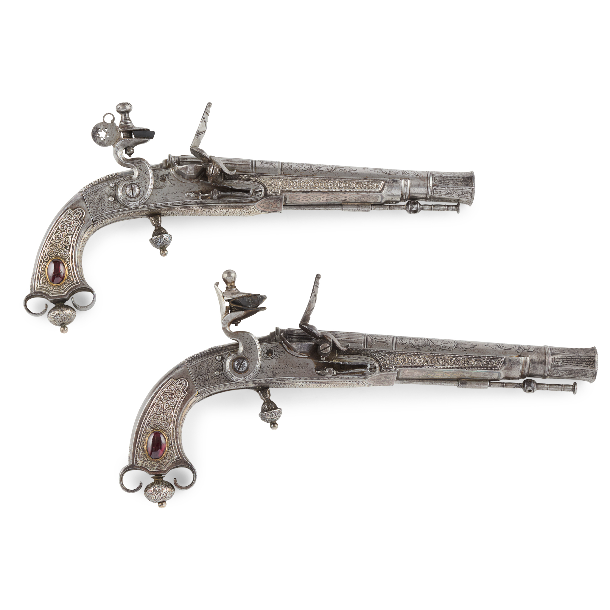 A FINE NEAR PAIR OF MID-19TH CENTURY SCOTTISH ALL METAL HIGHLAND DRESS PISTOLS