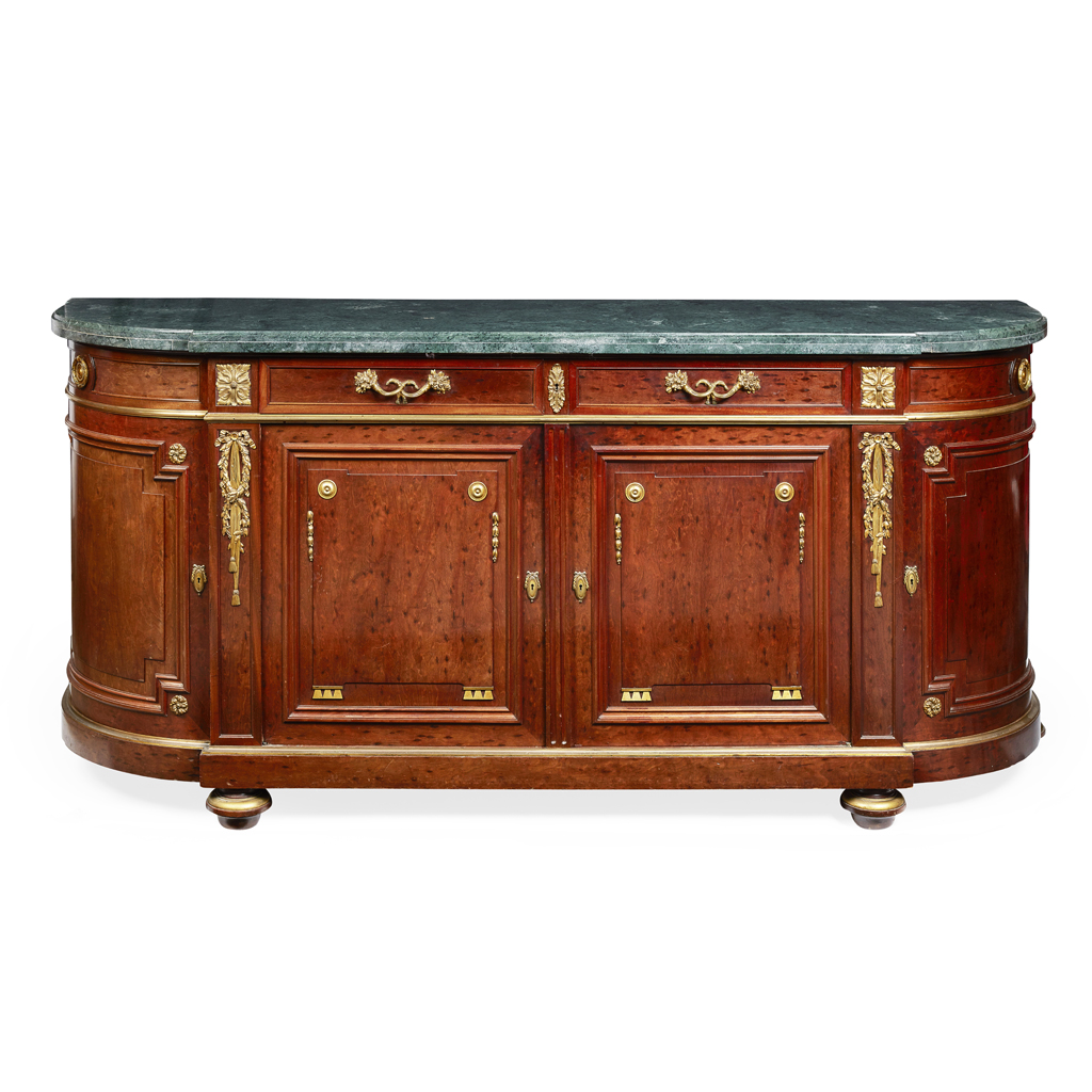 FRENCH EMPIRE STYLE MAHOGANY AND MARBLE BOWFRONT SIDE CABINET