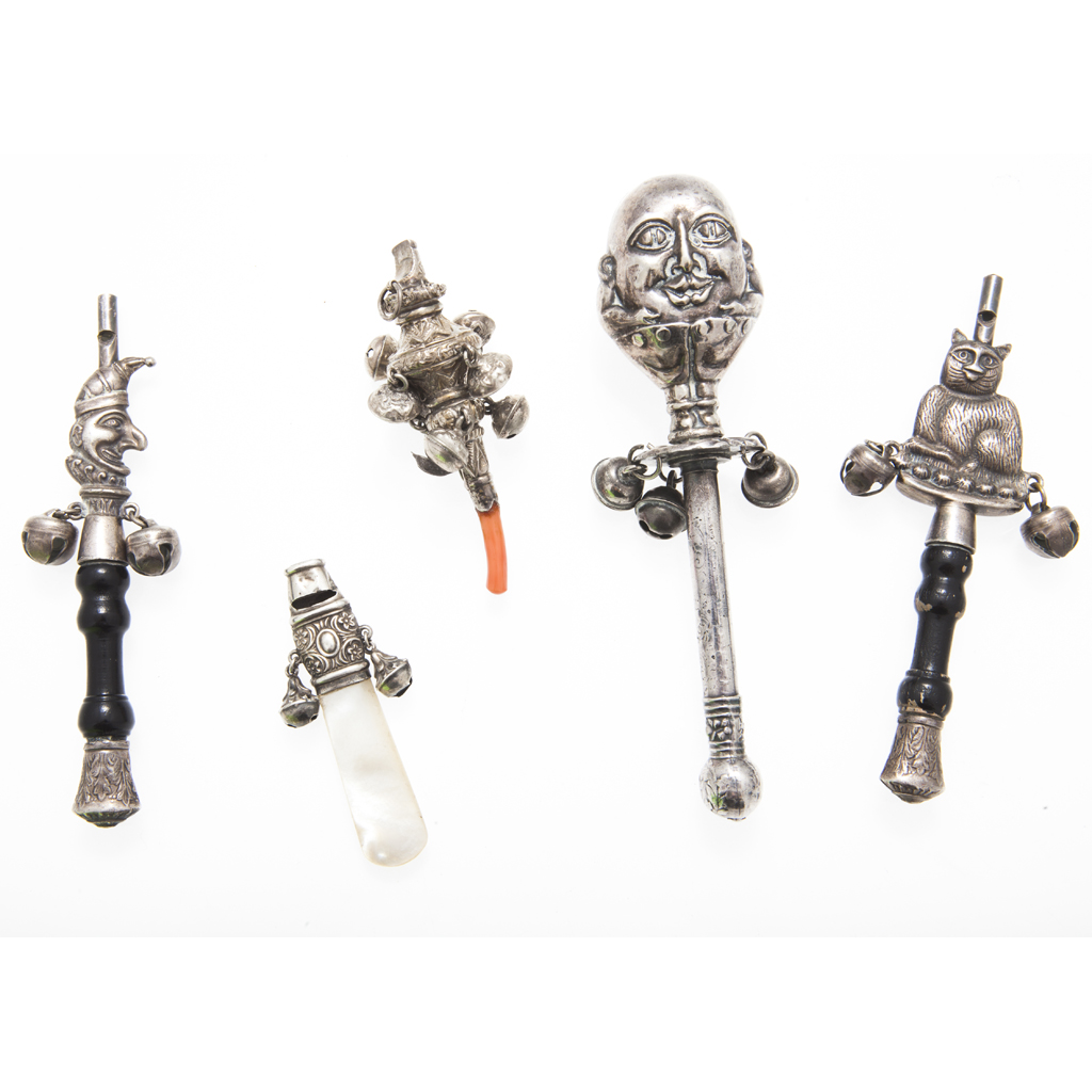 A group of five Victorian silver and other children's rattles