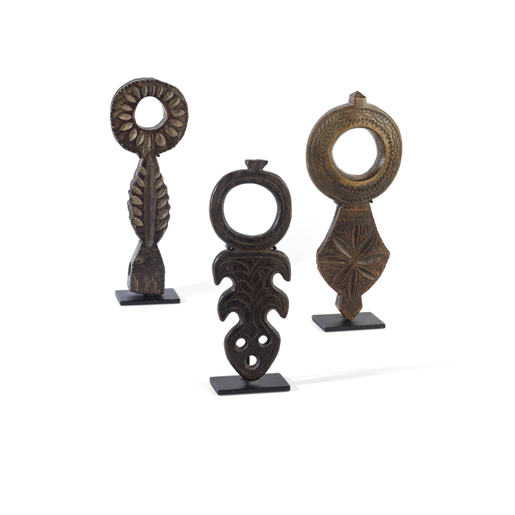 THREE NEPALESE BUTTER CHURN HANDLES, GHURRA