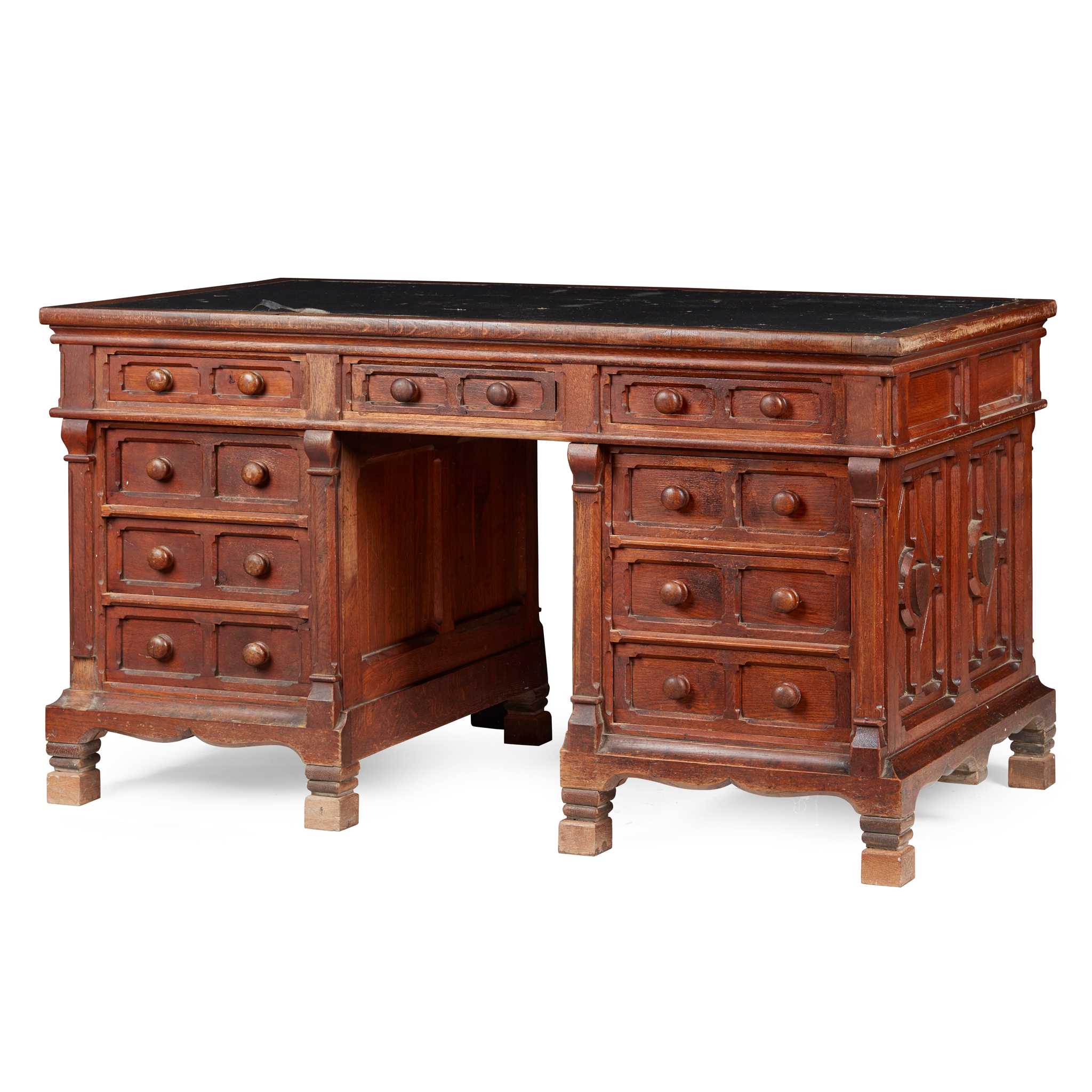 GOTHIC REVIVAL OAK PEDESTAL DESK