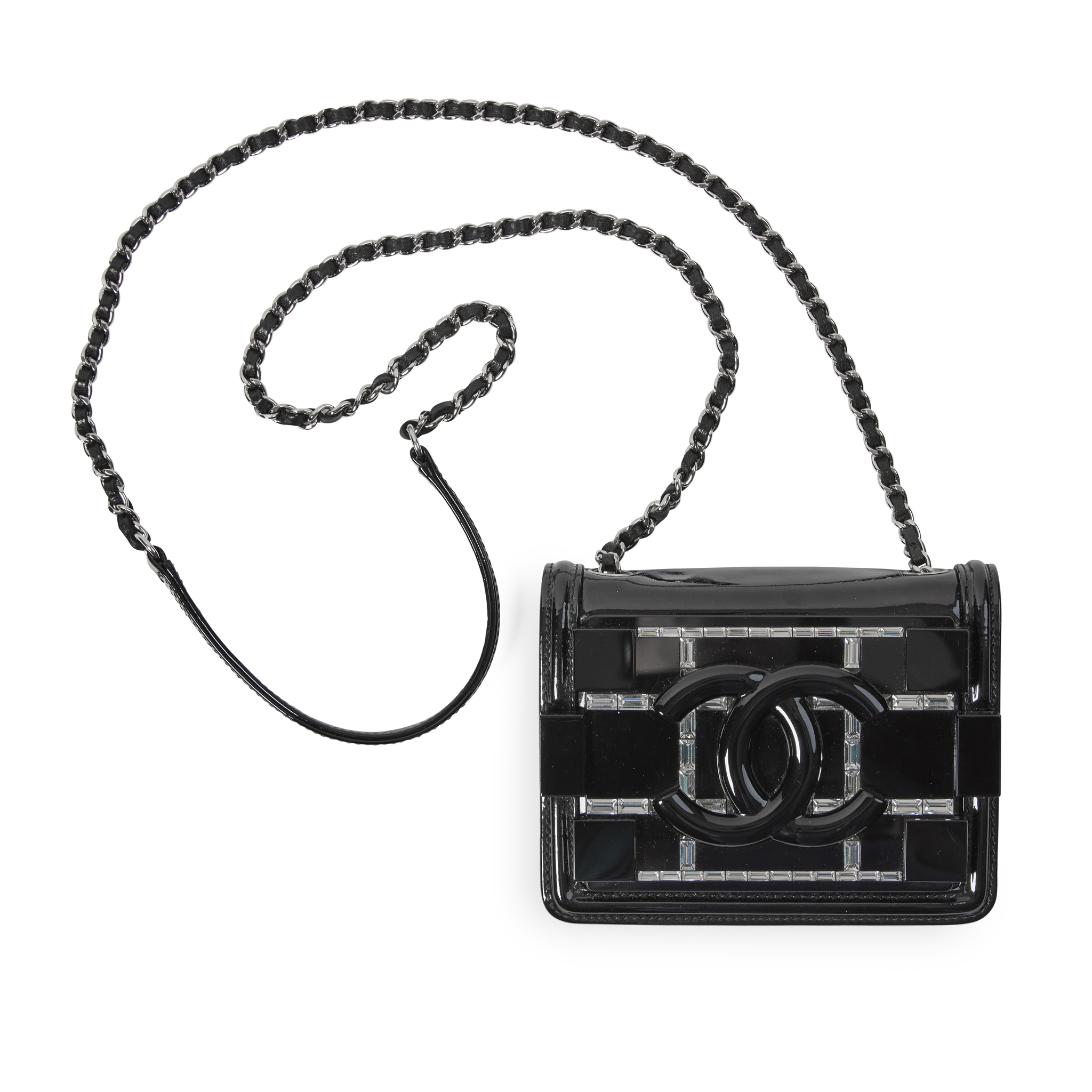 Chanel: A Black Patent Leather, Plexiglass and Crystal Boy Brick Lego Minaudiere Clutch Bag, 2014-15