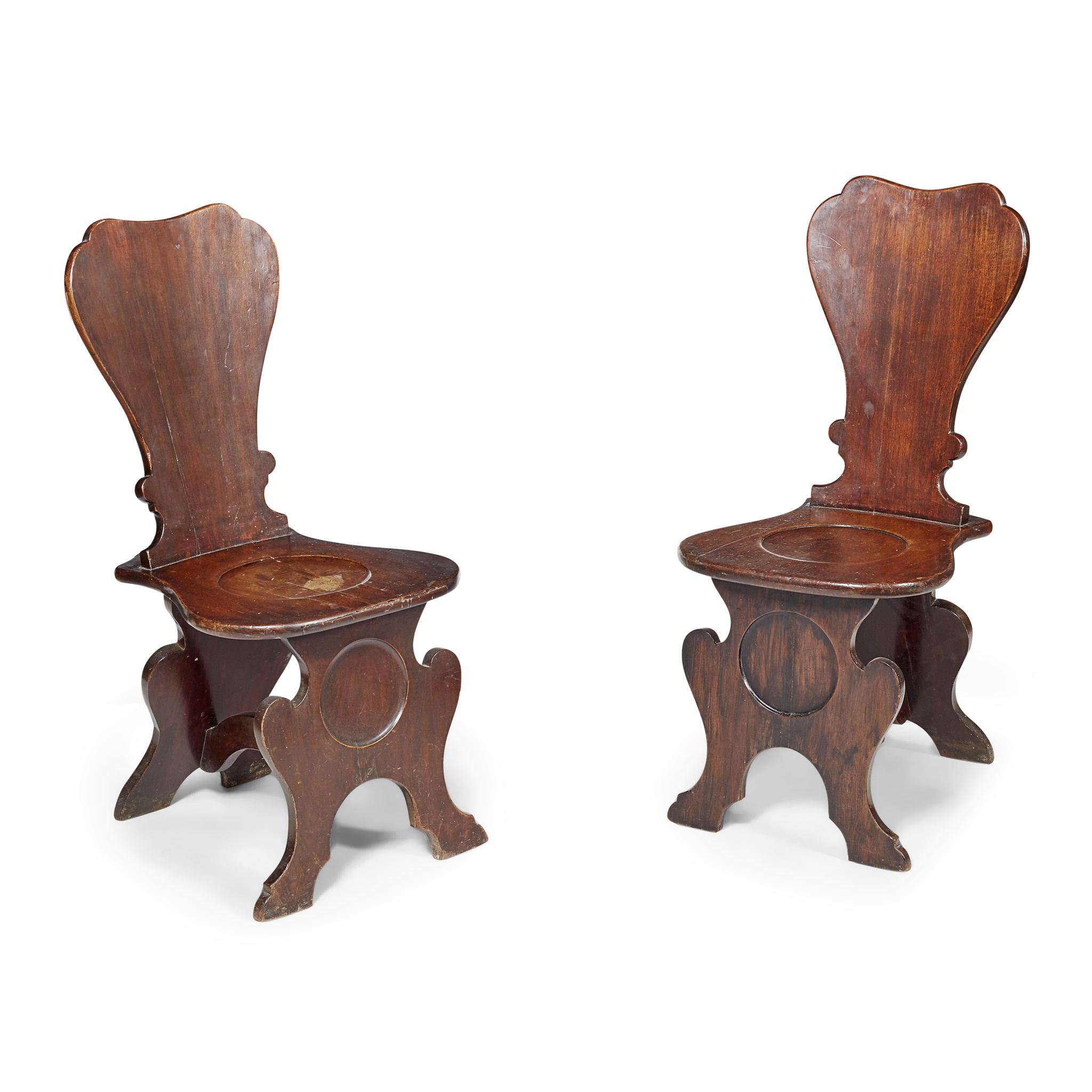 PAIR OF LATE GEORGE II MAHOGANY HALL CHAIRS