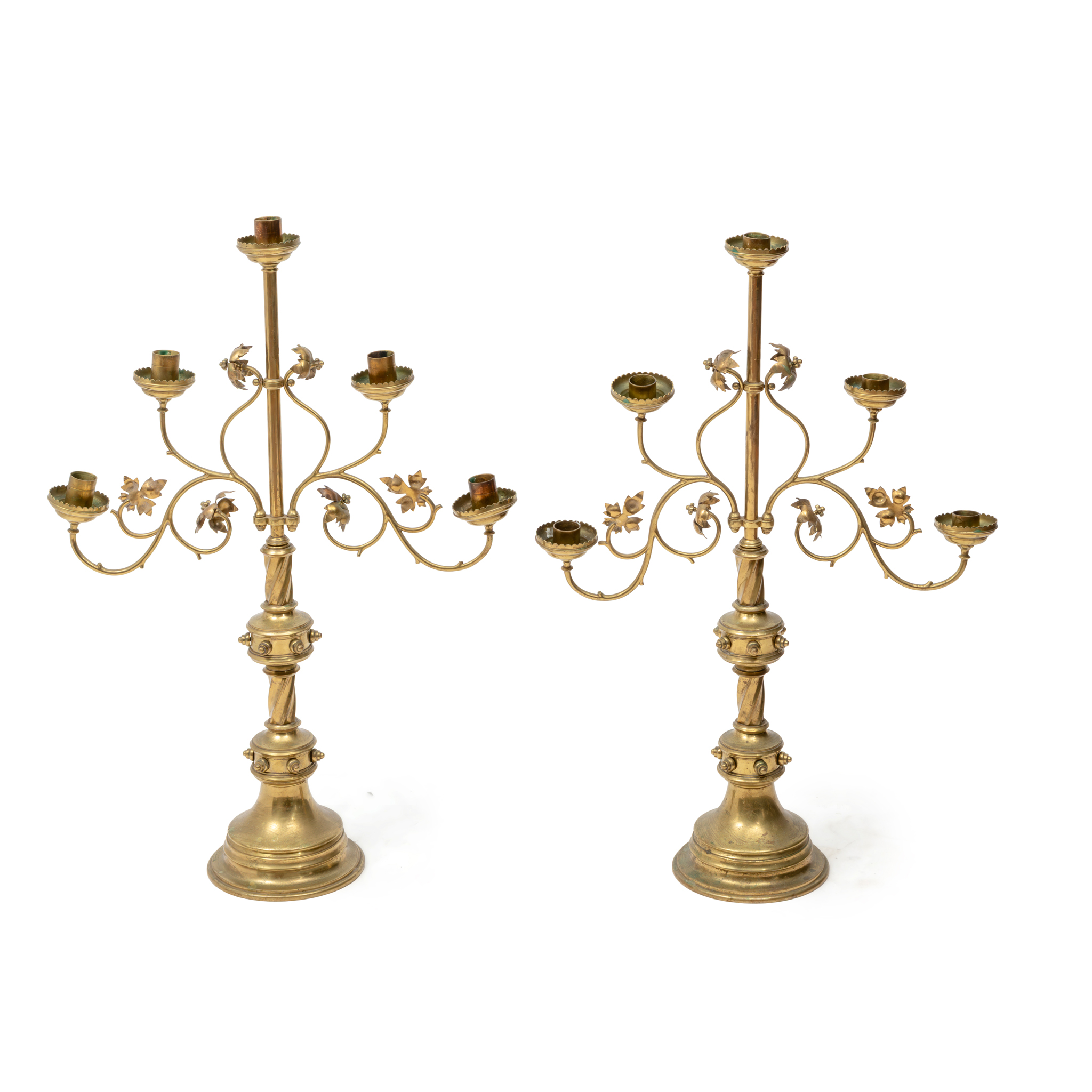 A PAIR OF LARGE BRASS ECCLESIASTICAL FIVE LIGHT CANDELABRA
