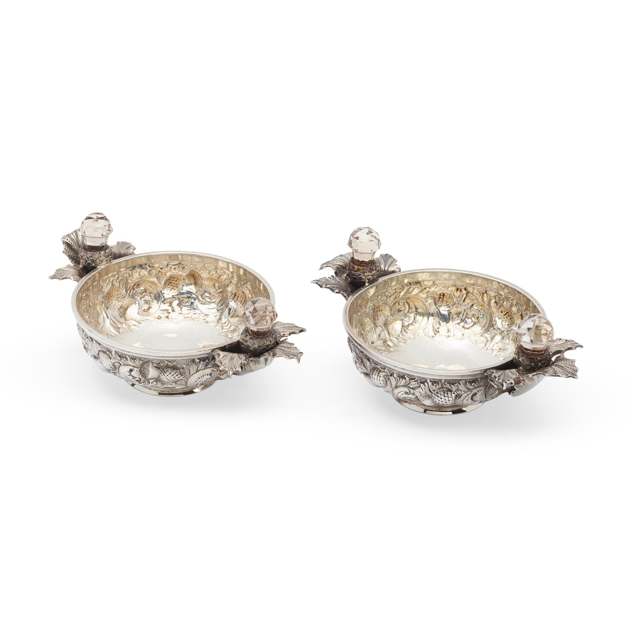 A PAIR OF VICTORIAN GEM SET QUAICHS