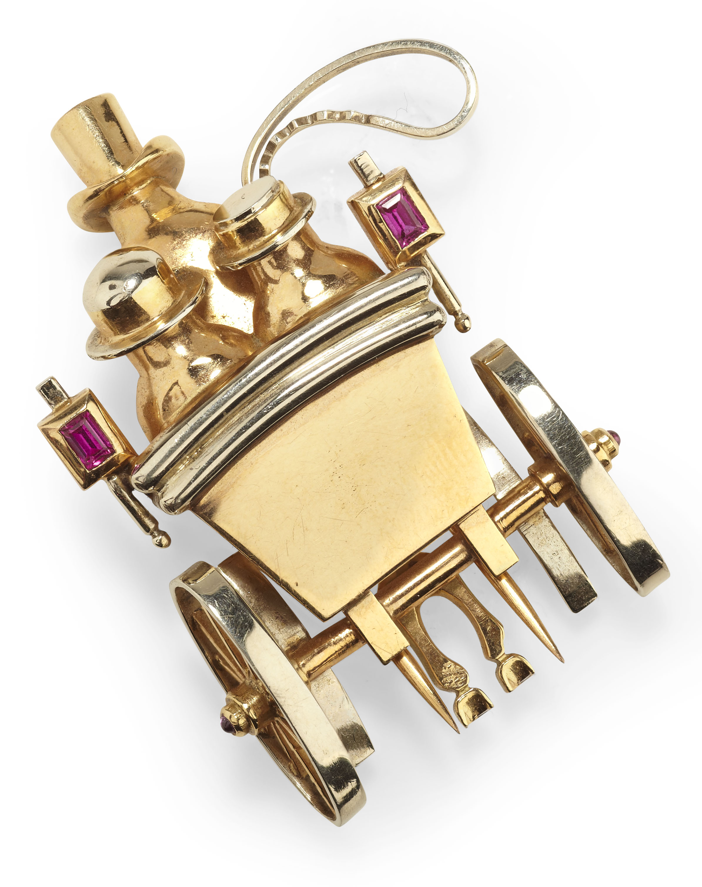 A French two-coloured gold mounted ruby set novelty brooch,