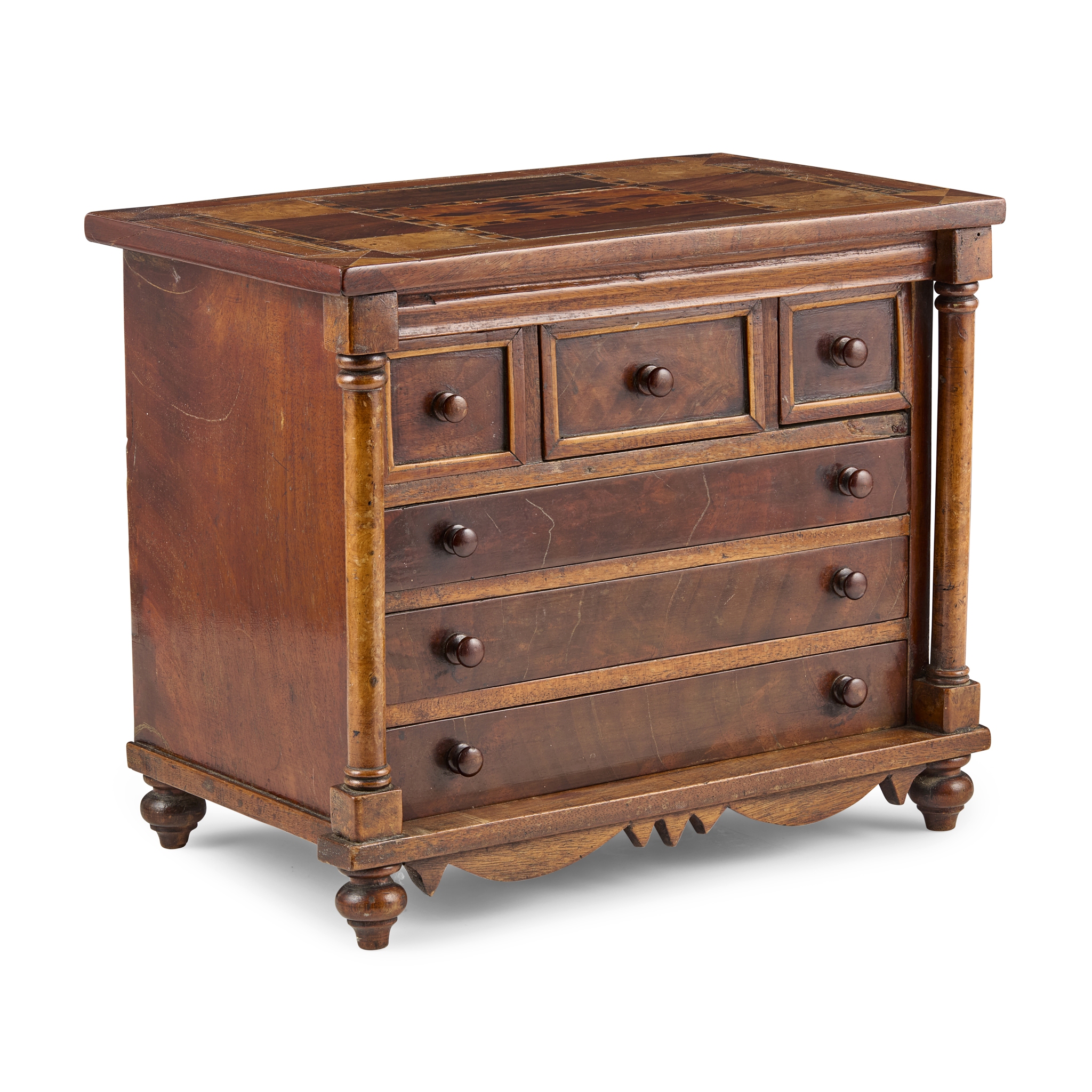 SCOTTISH MINIATURE FRUITWOOD PARQUETRY COLUMN CHEST OF DRAWERS