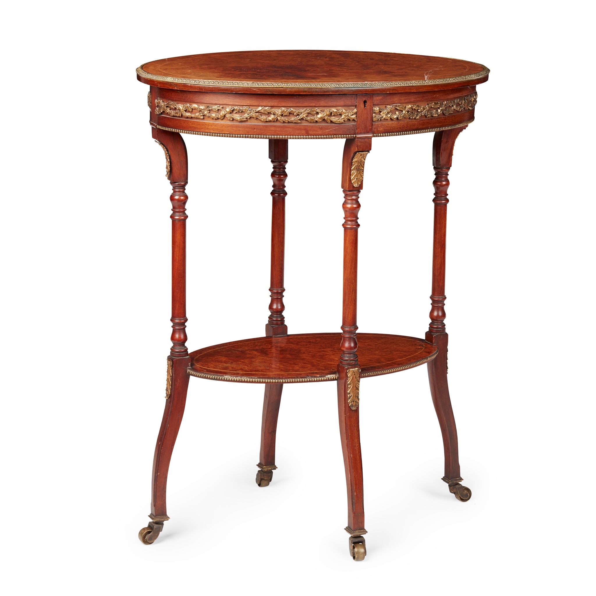 VICTORIAN AMBOYNA GILT METAL MOUNTED OCCASIONAL TABLE