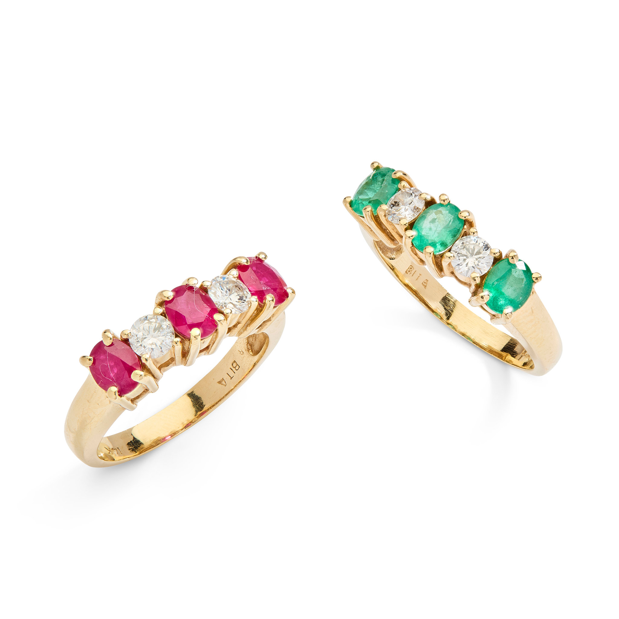 A pair of ruby, emerald and diamond rings