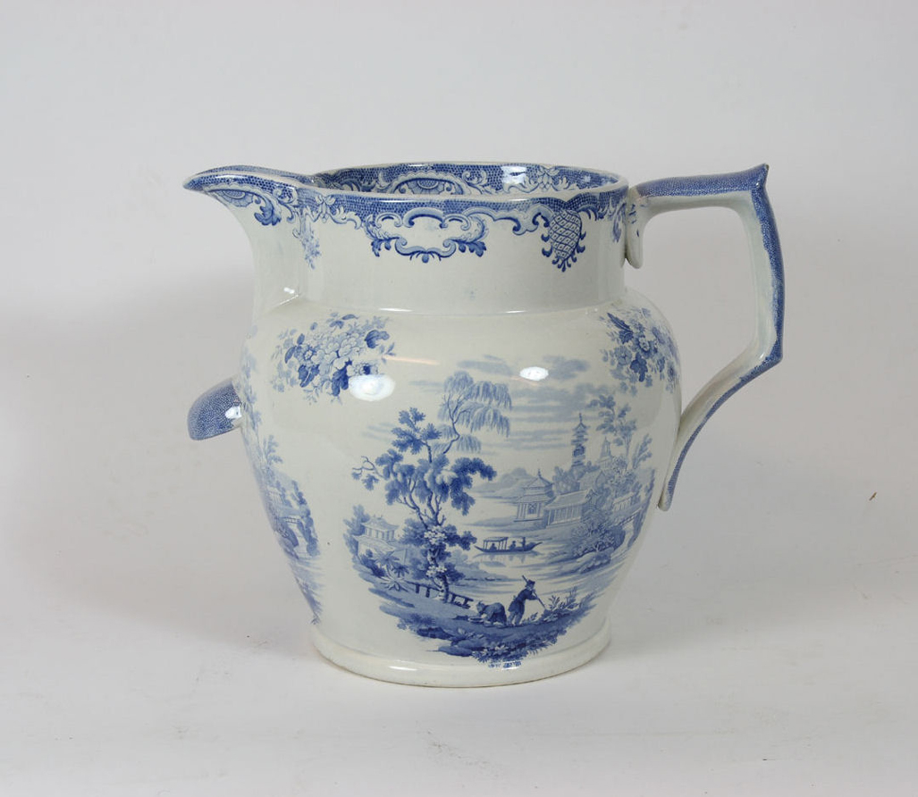 A large early 19th century blue printed jug by Goodwin Bridgwood & Co.