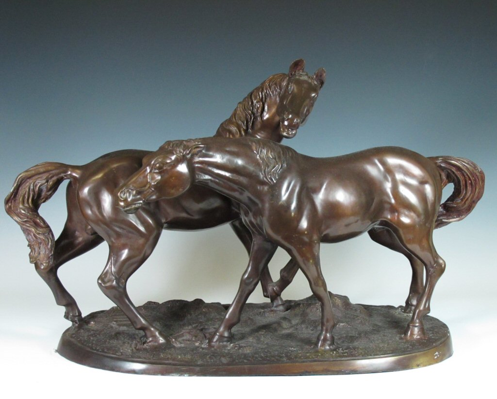 A bronze of an Arab mare and stallion, titled L'Accolade After Pierre Jules Mène