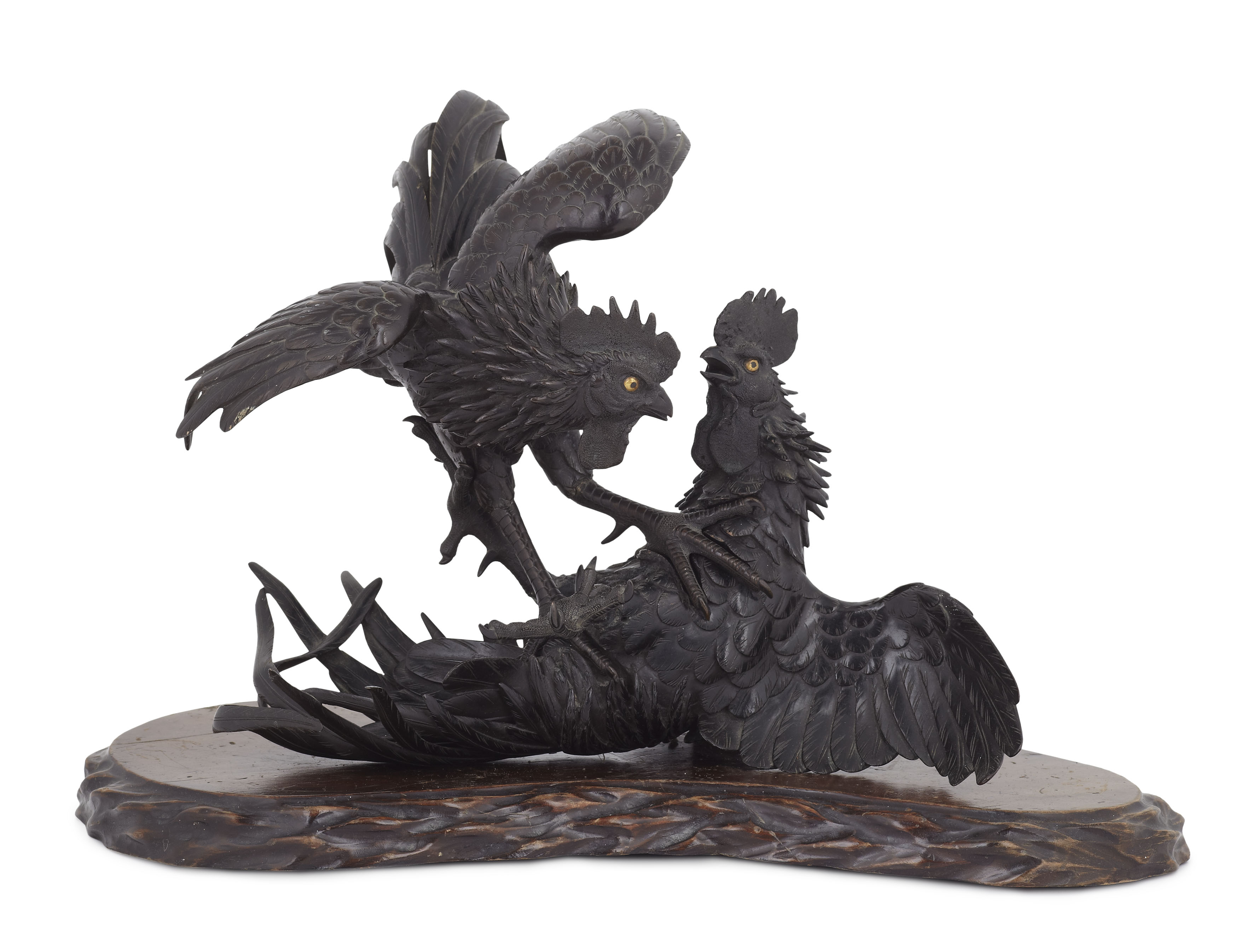 JAPANESE BRONZE FIGURES OF FIGHTING COCKERELS BY SEIYA CHU