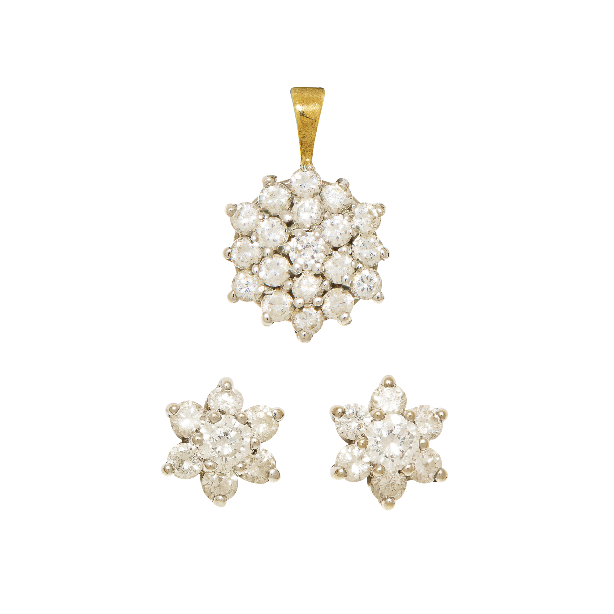 A pair of 18ct gold diamond cluster earrings and matching 9ct gold pendant