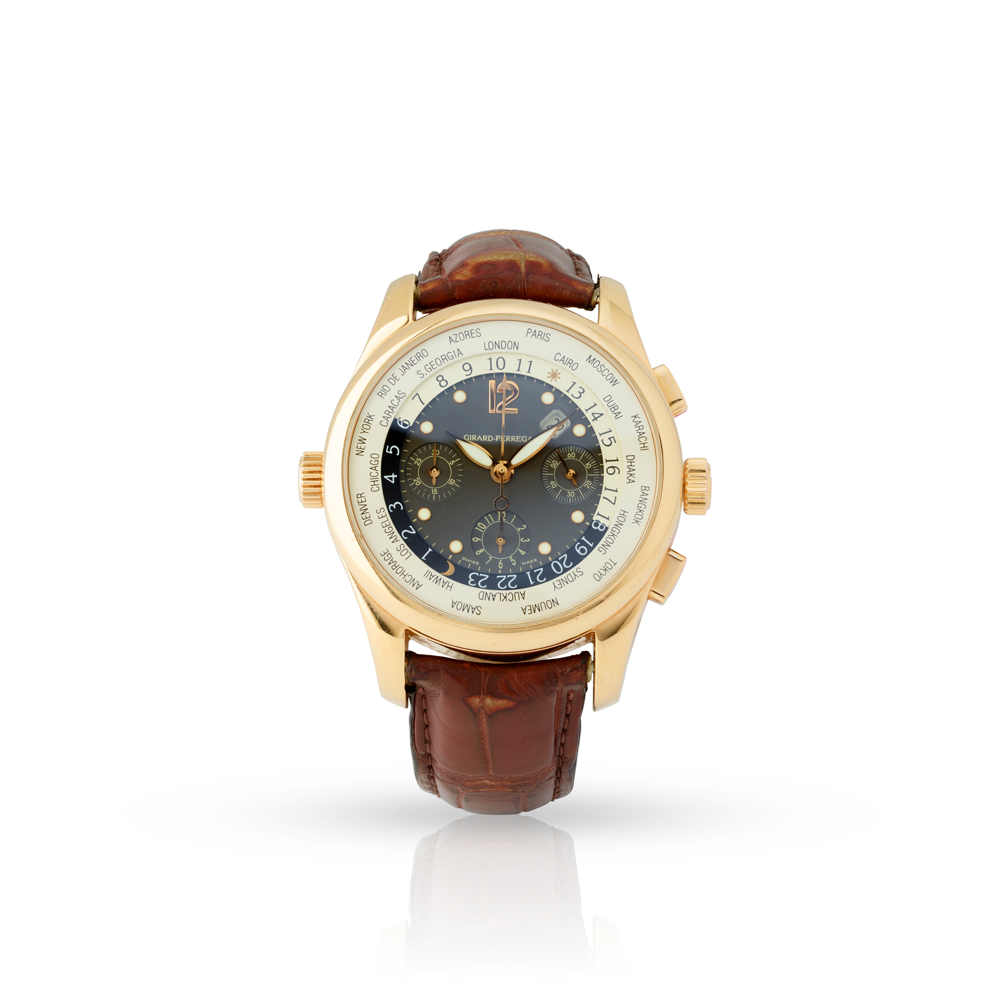 Girard-Perregaux. A fine 18k pink gold self-winding world-time chronograph wristwatch
