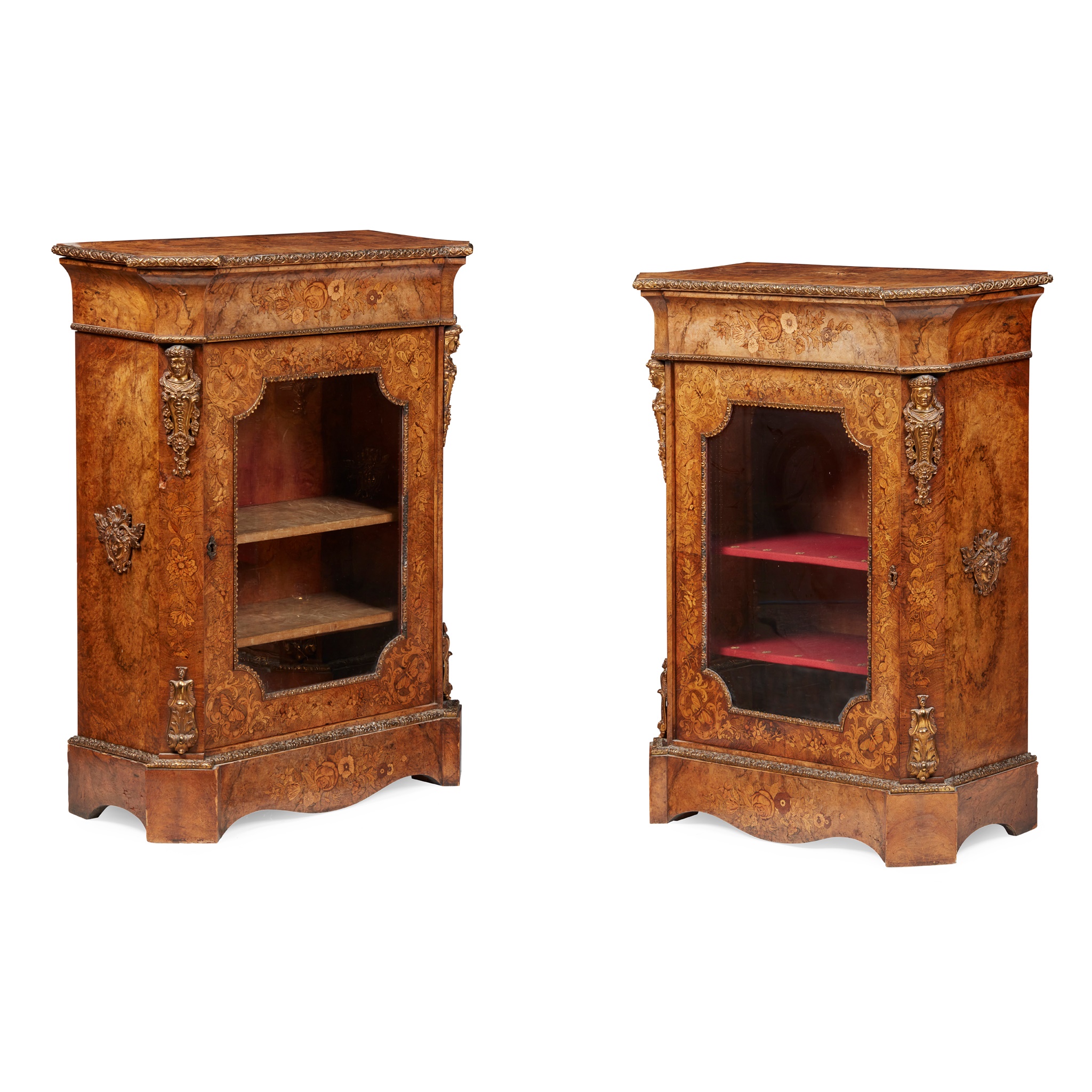 PAIR OF VICTORIAN WALNUT AND MARQUETRY PIER CABINETS