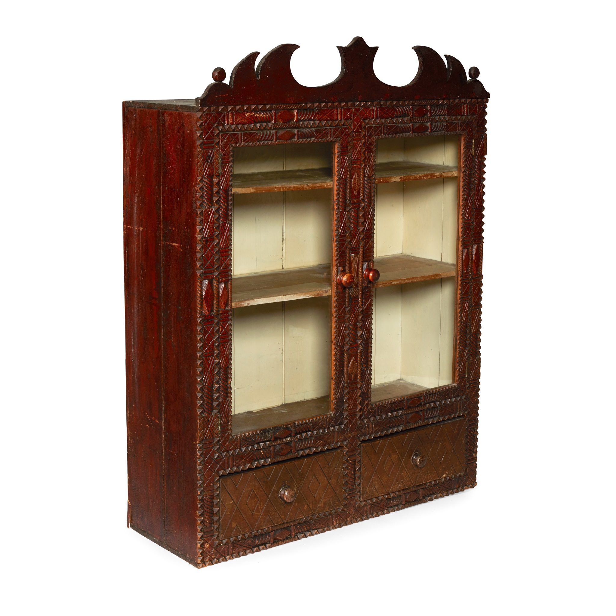 SCOTTISH LOWLANDS CHIP-CARVED GLAZED WALL CUPBOARD