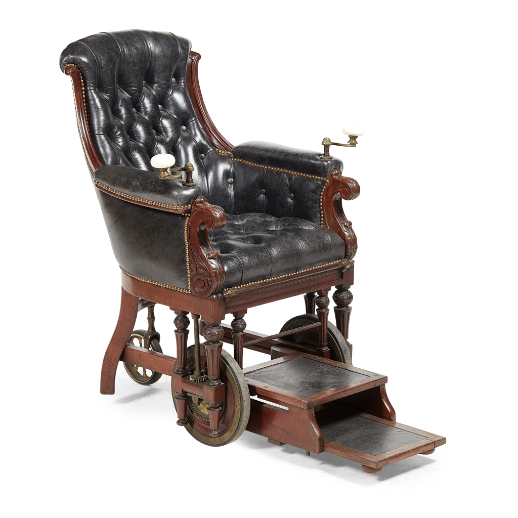 WILLIAM IV MAHOGANY AND LEATHER UPHOLSTERED INVALID'S CHAIR, BY J. WARD, LONDON