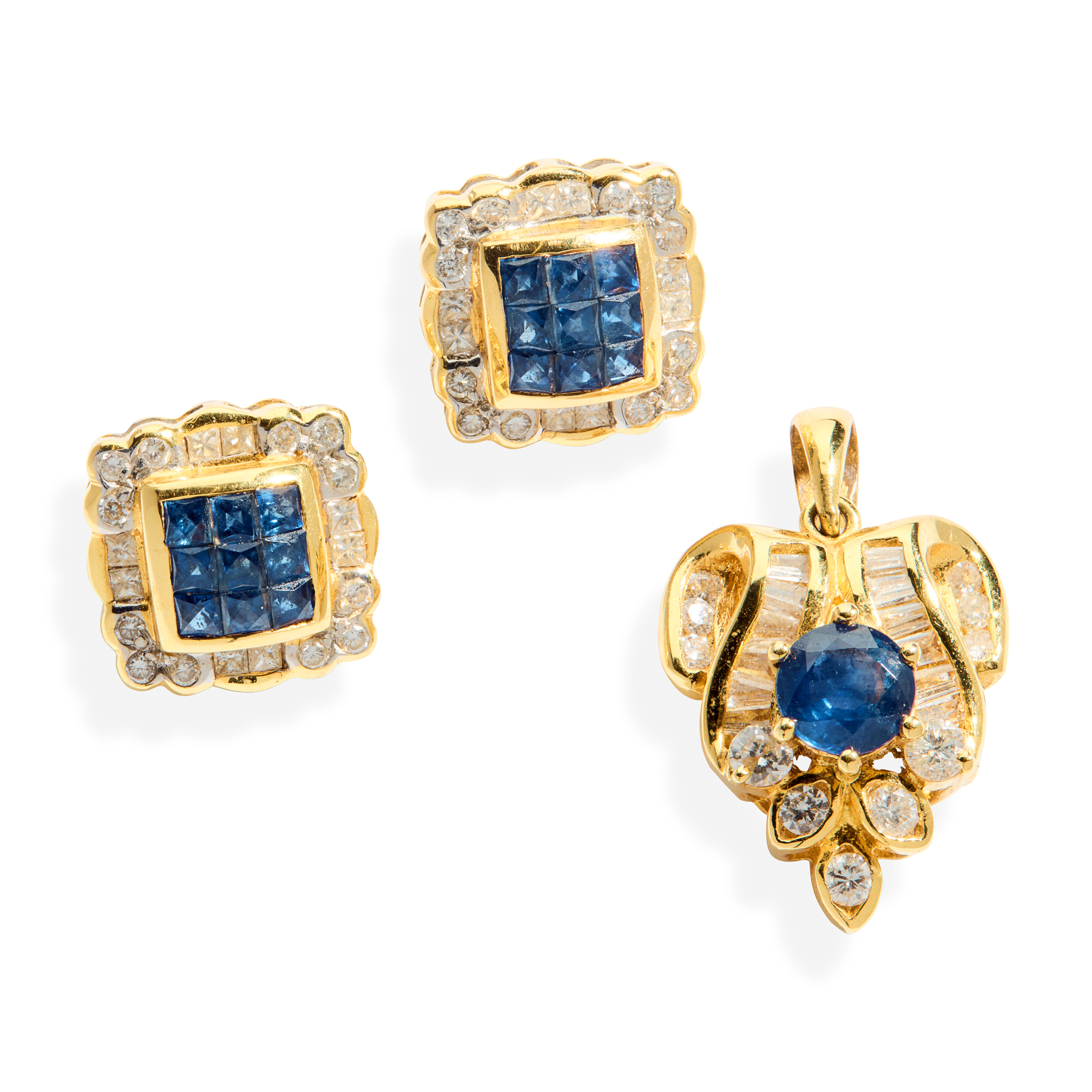 A pair of sapphire and diamond earrings and matching pendant
