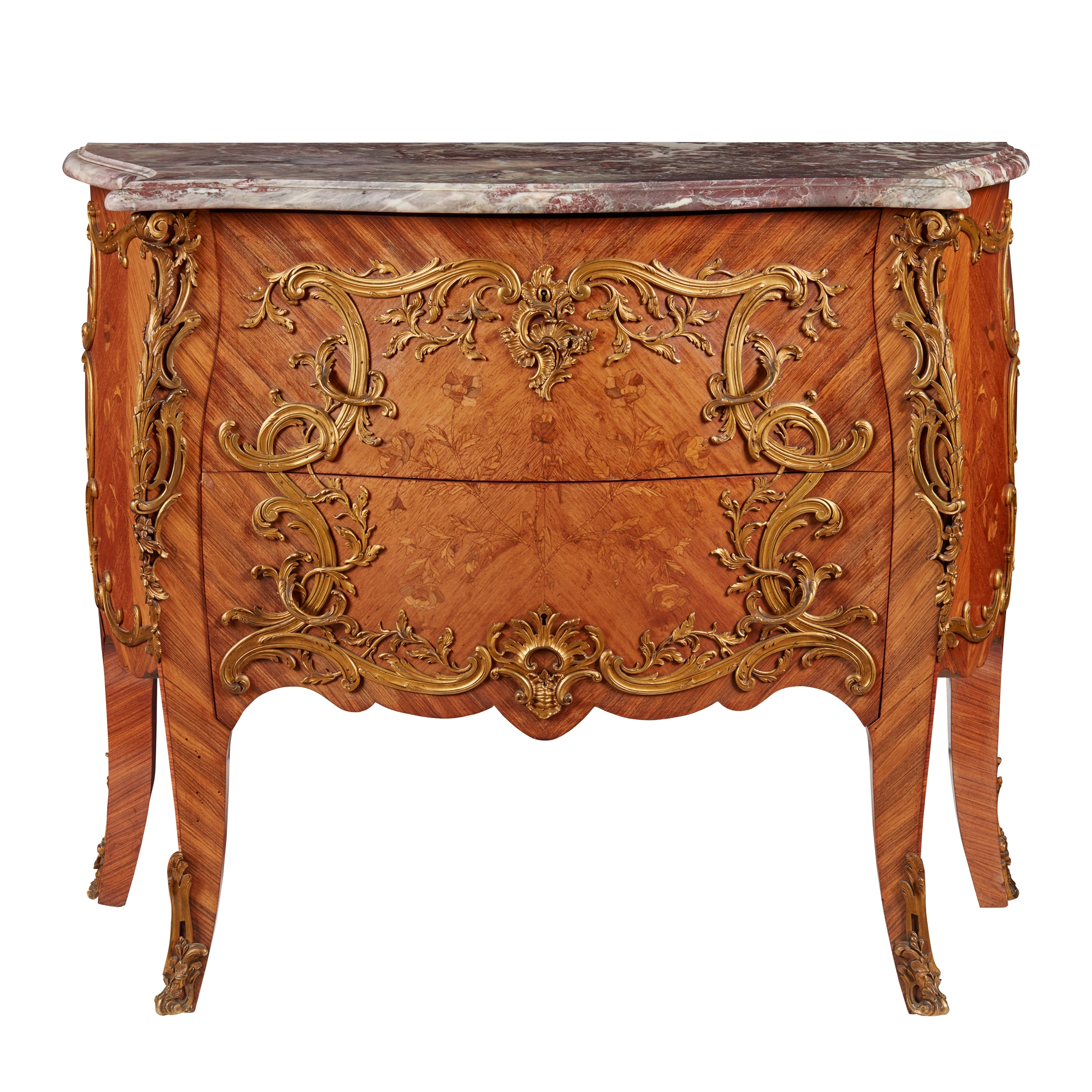 A LOUIS XV STYLE KINGWOOD, AMARANTH, AND MARQUETRY MARBLE TOPPED COMMODE