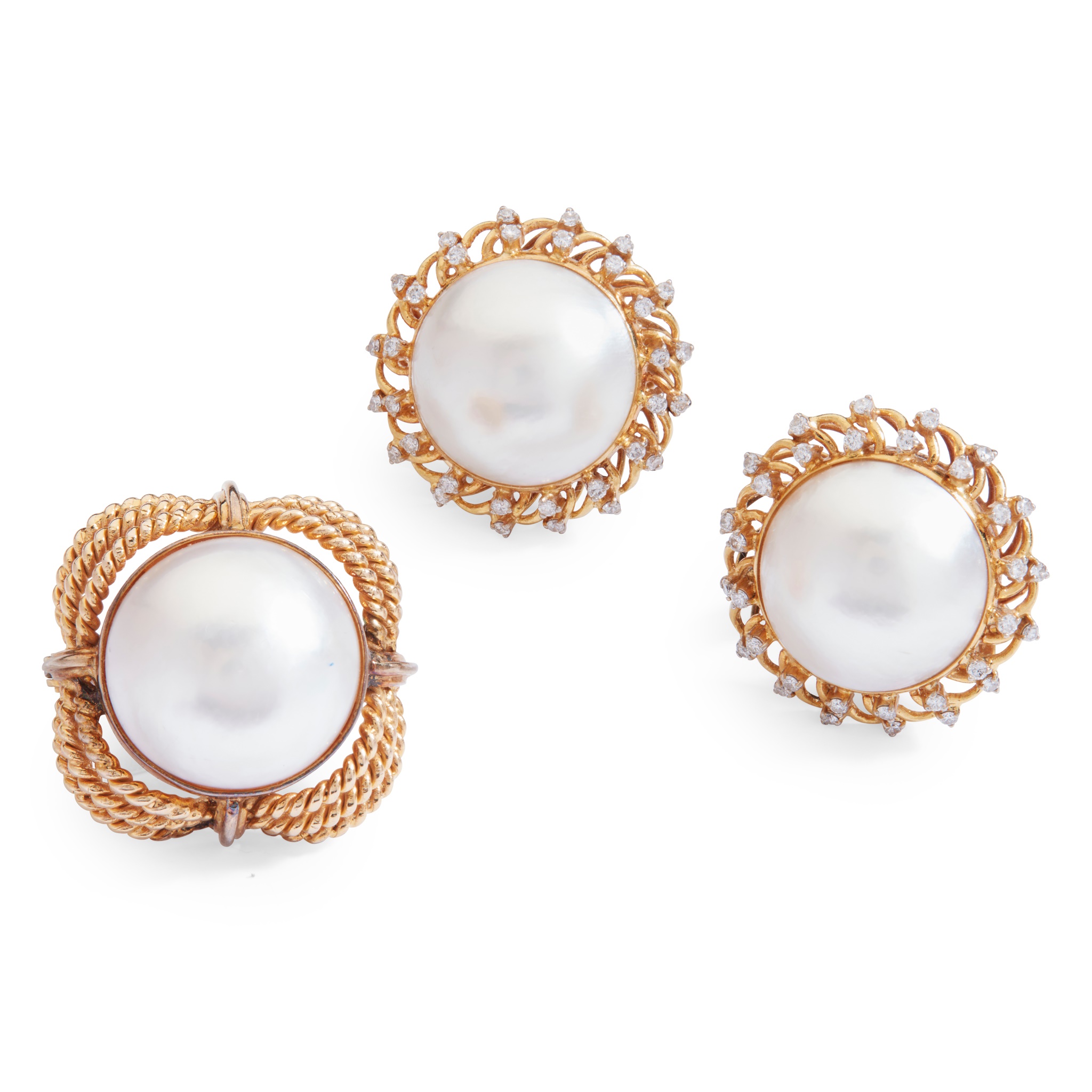 A pair of mabé pearl and diamond earrings
