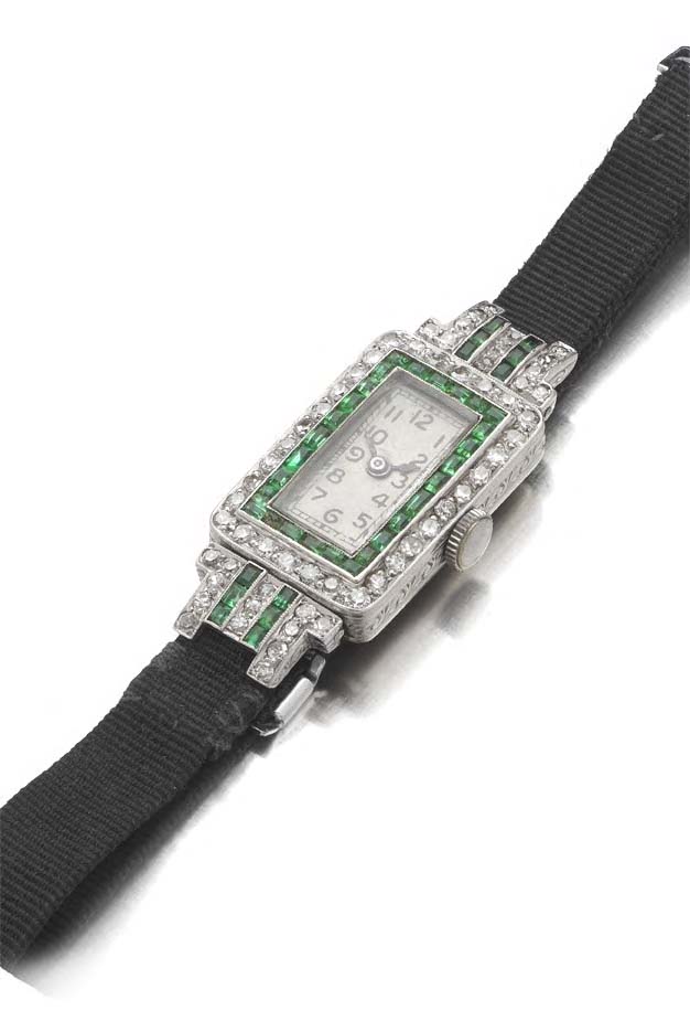 An Art Deco emerald and diamond cocktail watch,