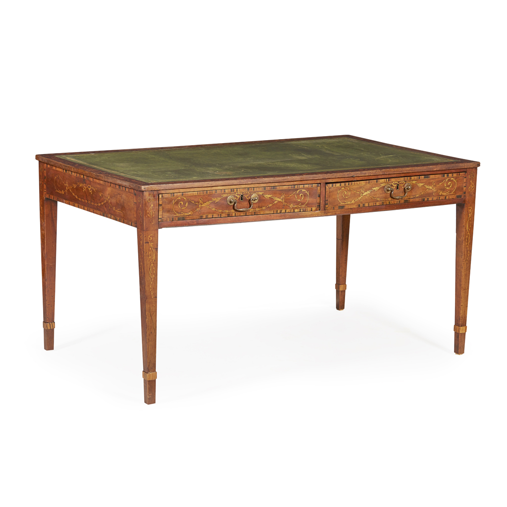 LATE GEORGE III WALNUT, GONCALO ALVES AND MARQUETRY LIBRARY TABLE