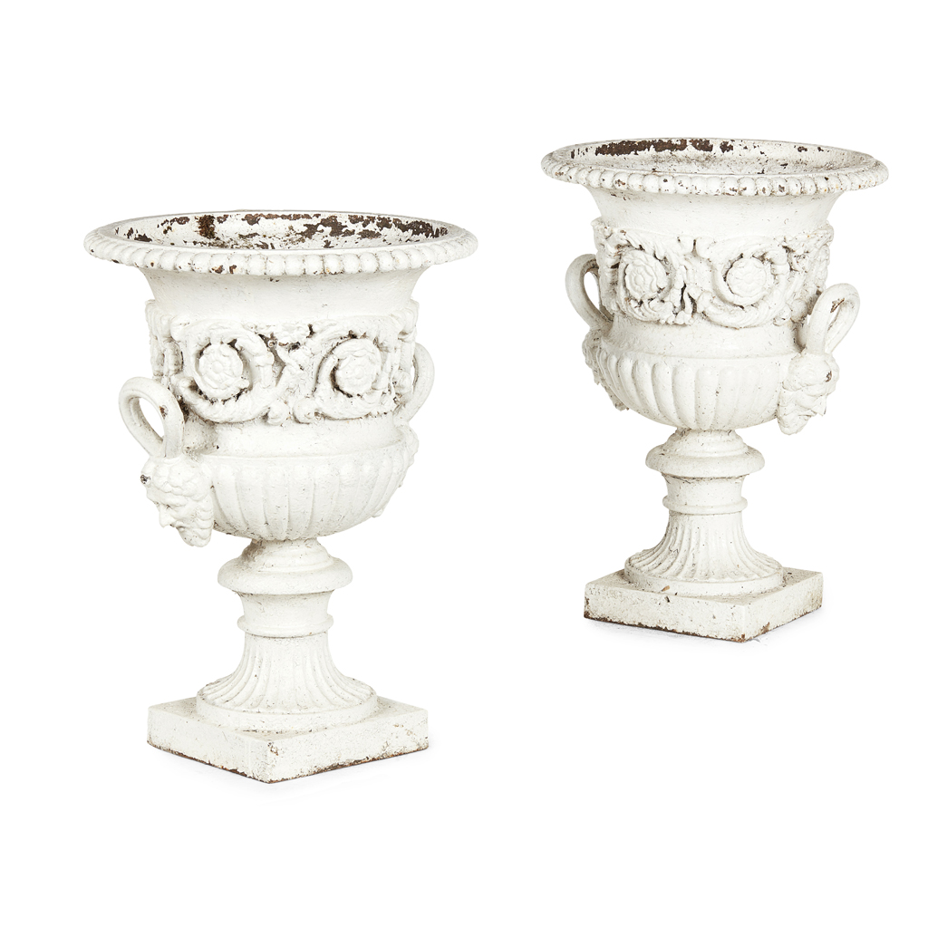 PAIR OF VICTORIAN PAINTED CAST IRON URNS